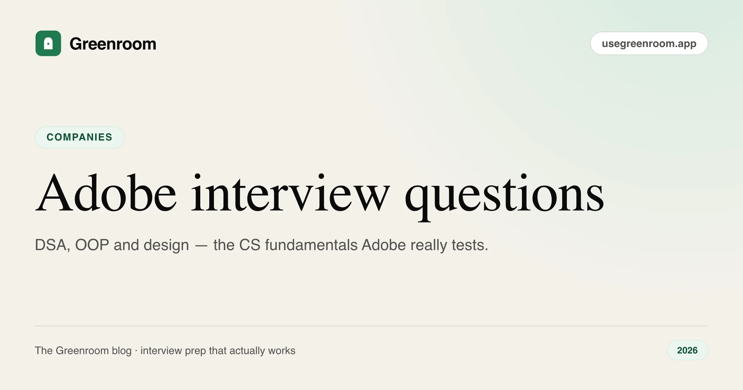Adobe interview questions and preparation guide — cover from Greenroom, the AI mock interviewer
