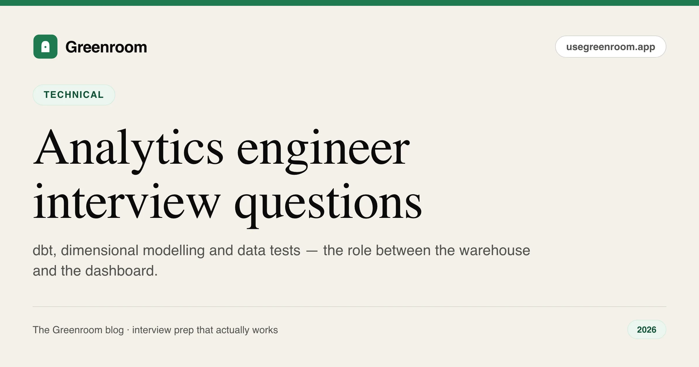 Analytics engineer interview questions and answers — guide cover from Greenroom, the AI mock interviewer