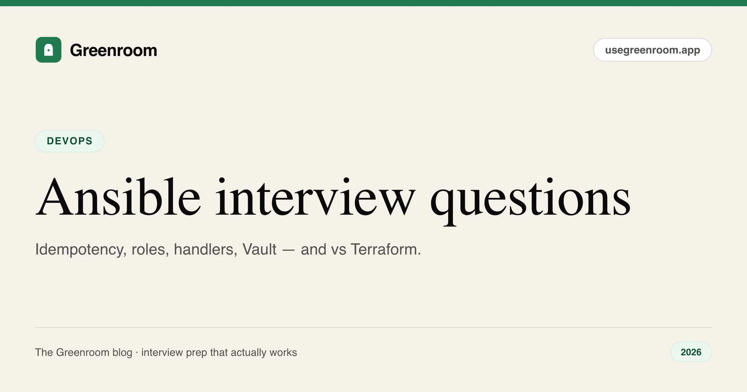Ansible interview questions and answers guide — cover from Greenroom, the AI mock interviewer