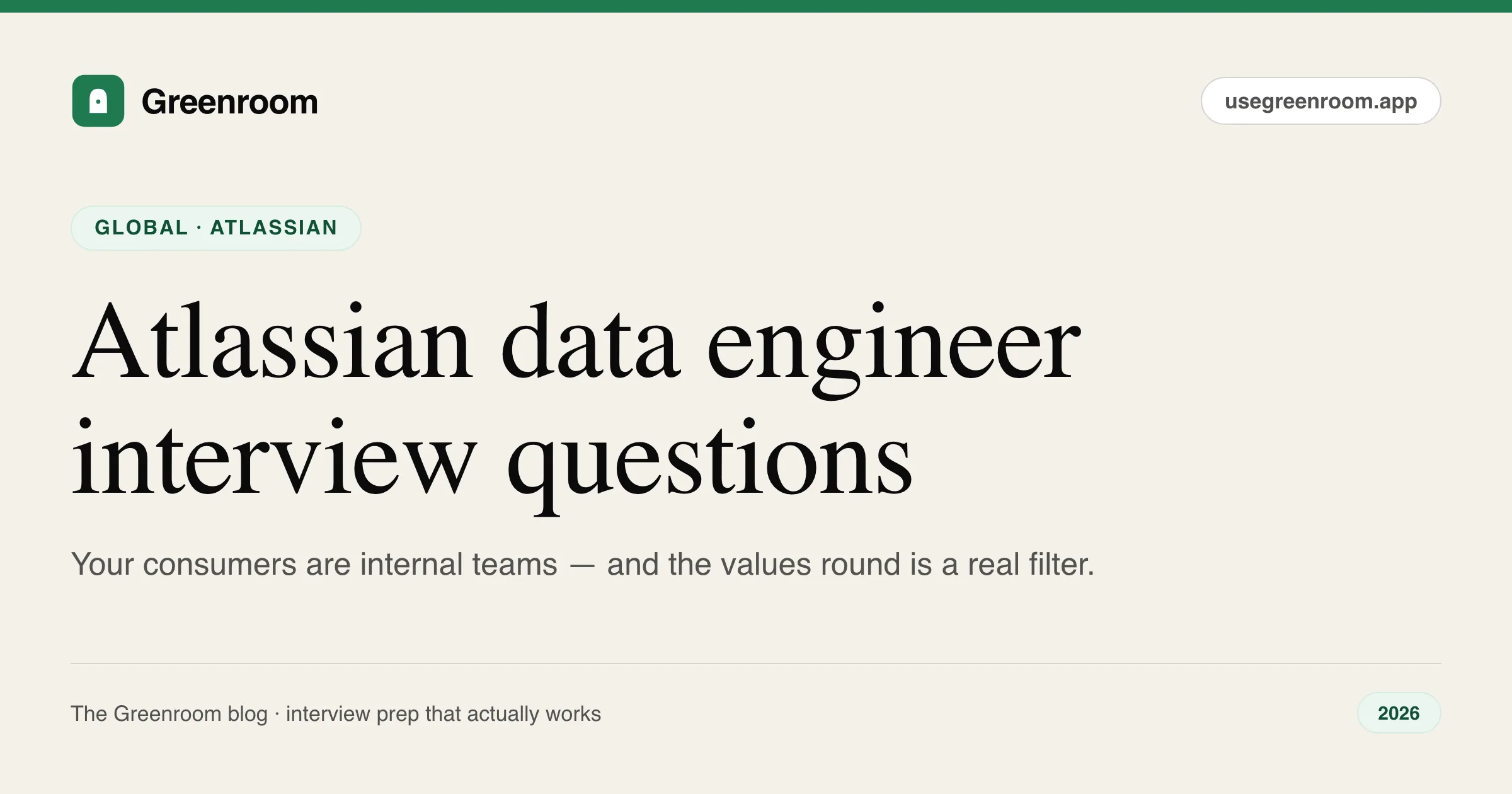 Atlassian data engineer interview questions guide — cover from Greenroom, the AI mock interviewer
