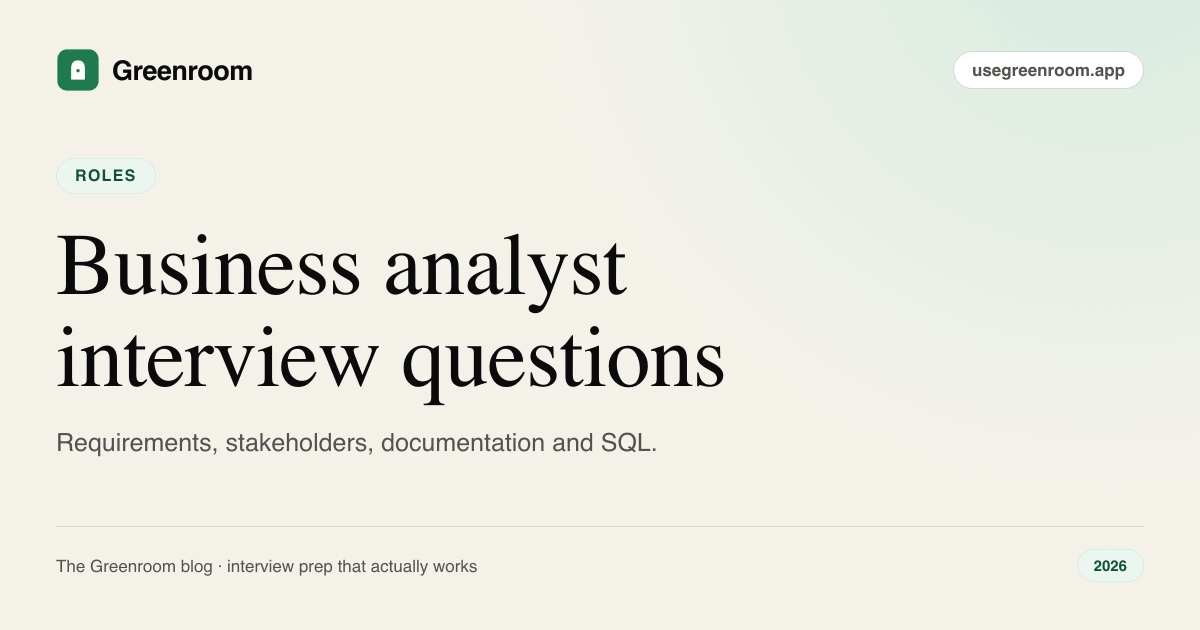 Business analyst interview questions and answers — cover from Greenroom, the AI mock interviewer