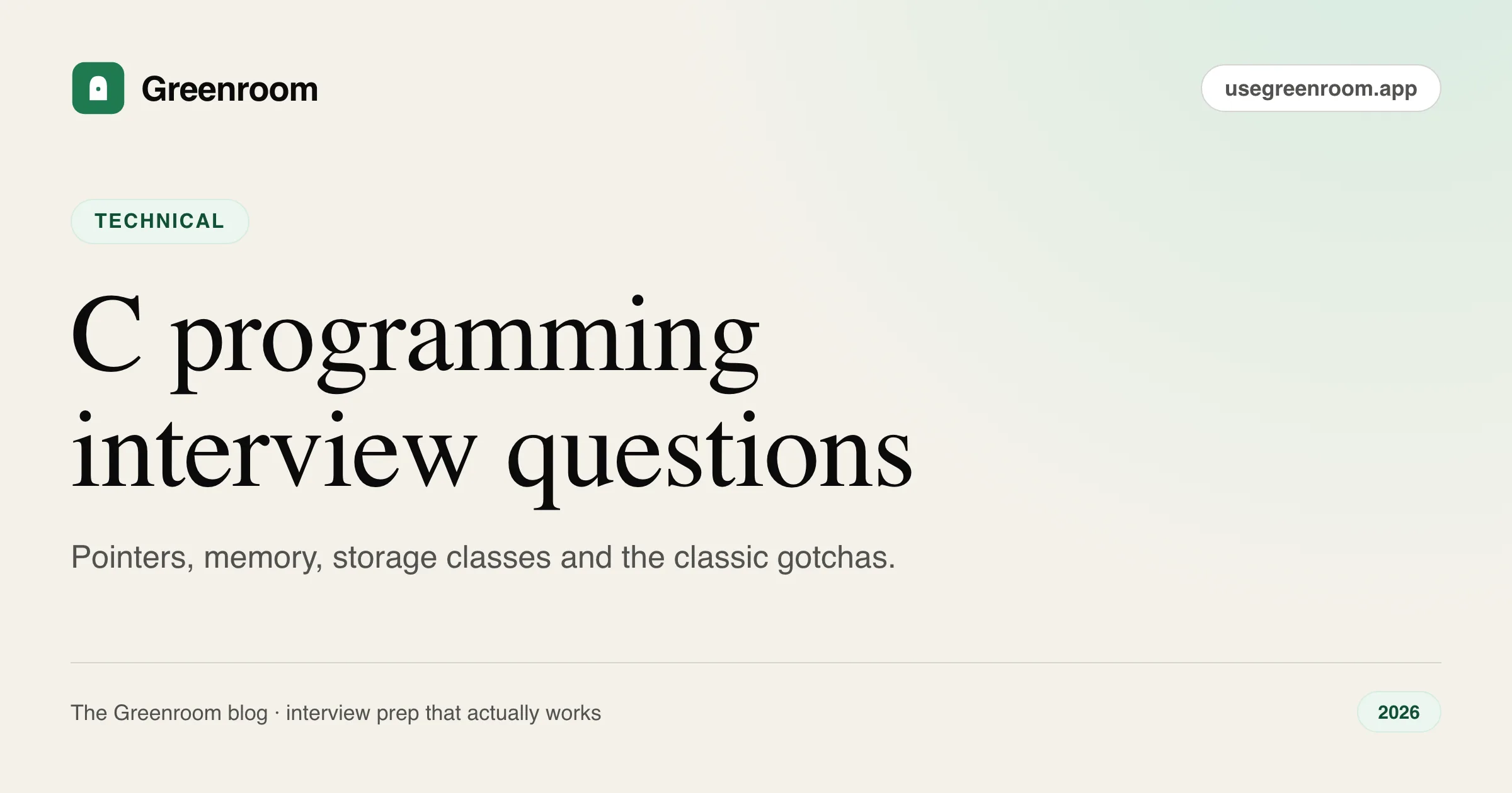 C programming interview questions and answers — cover from Greenroom, the AI mock interviewer