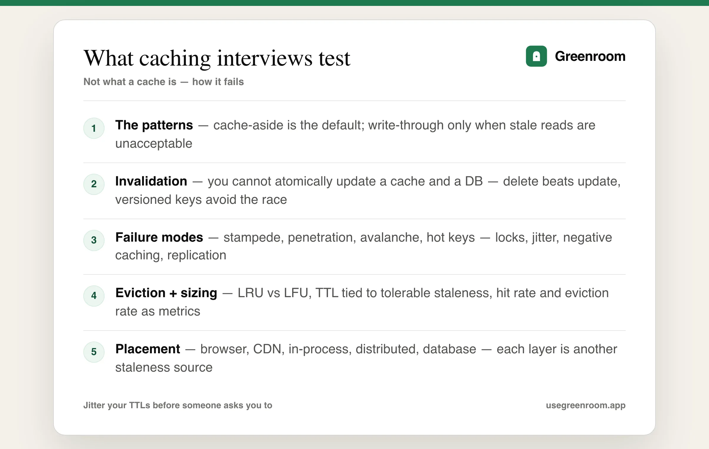 Caching interview question topics diagram — caching patterns, invalidation, failure modes such as stampede and hot keys, eviction policies, cache placement layers