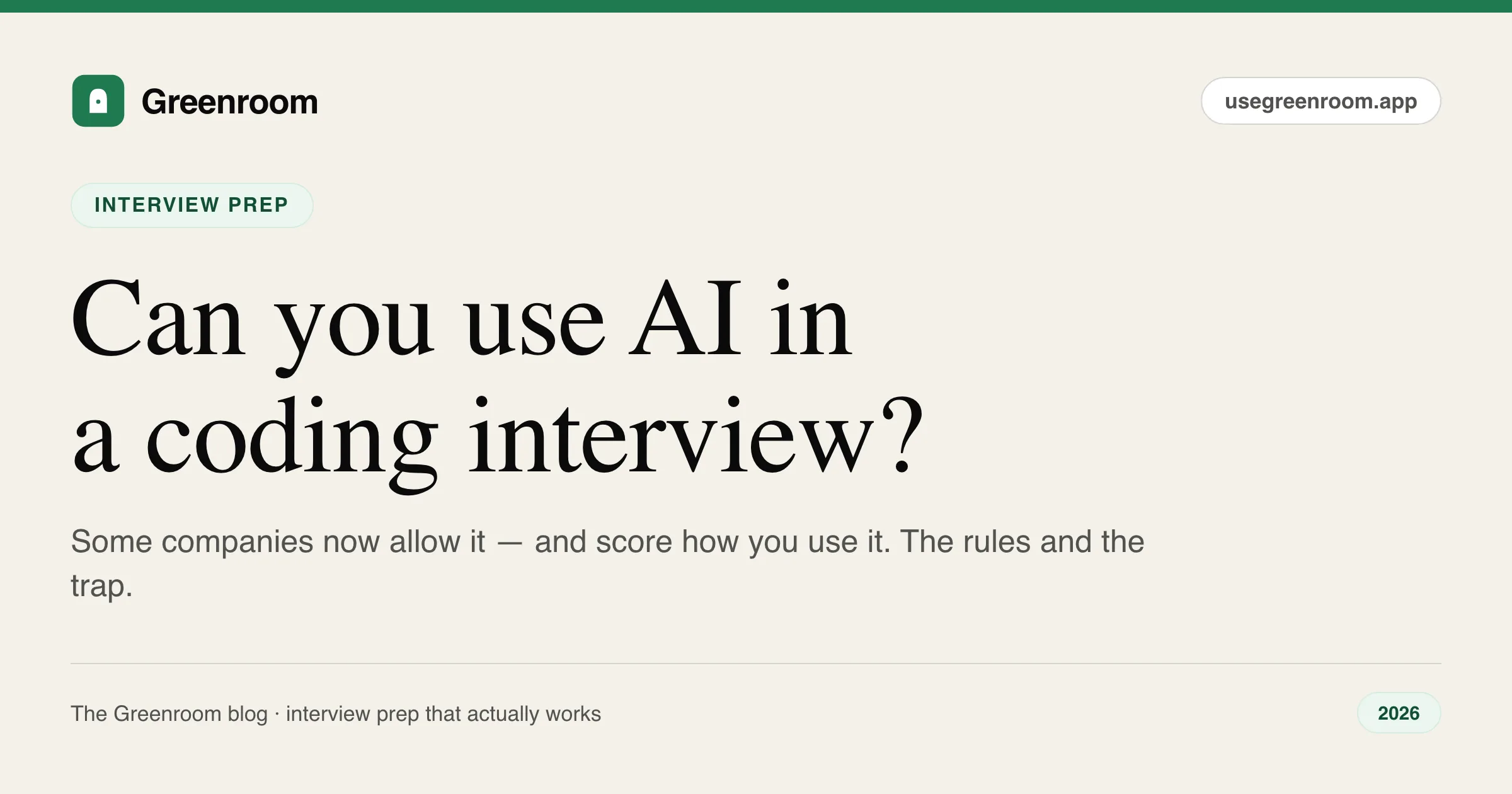 Can you use AI in a coding interview 2026 — candidate guide cover from Greenroom, the AI mock interviewer
