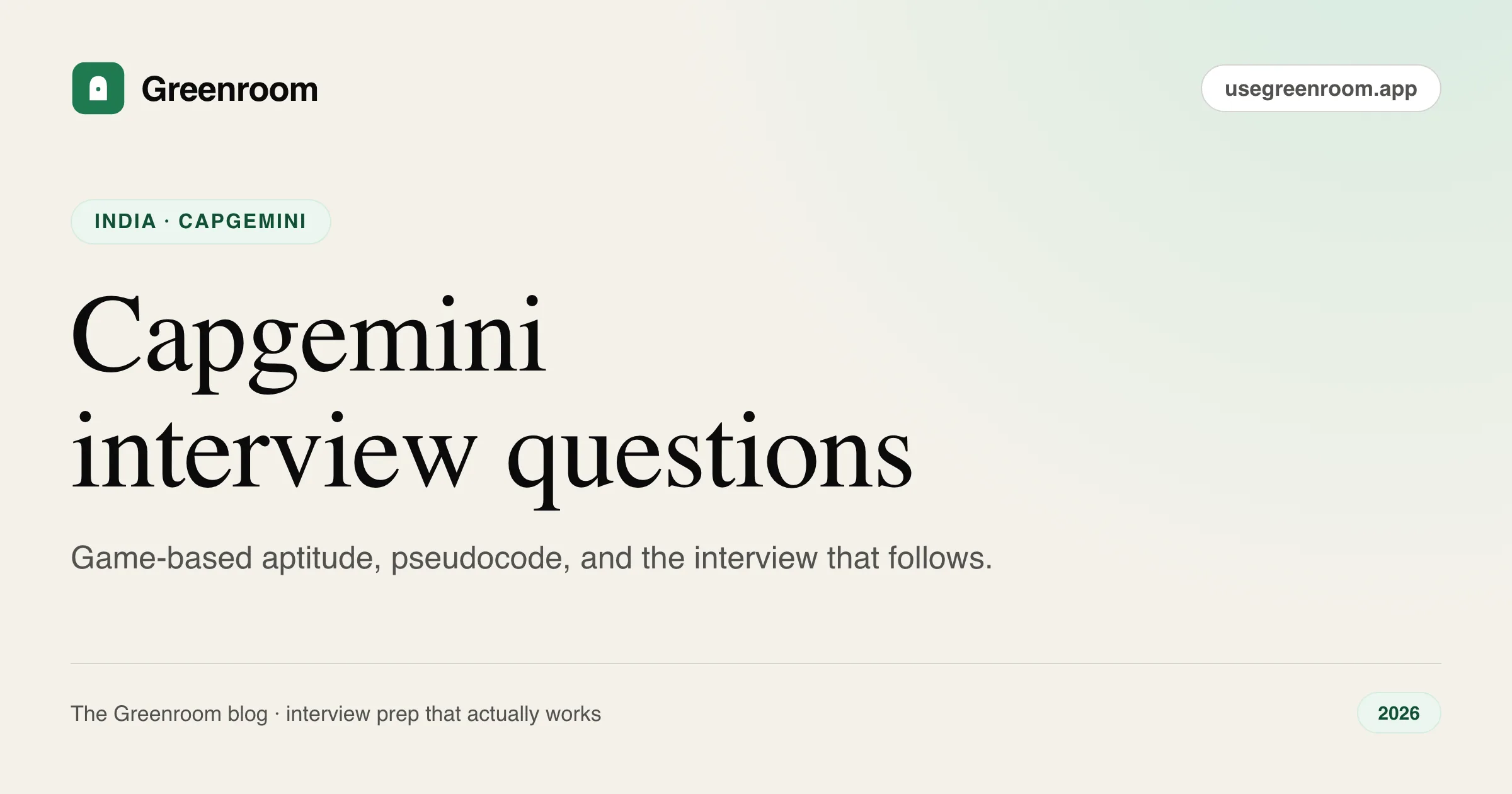 Capgemini interview questions and process guide — cover from Greenroom, the AI mock interviewer