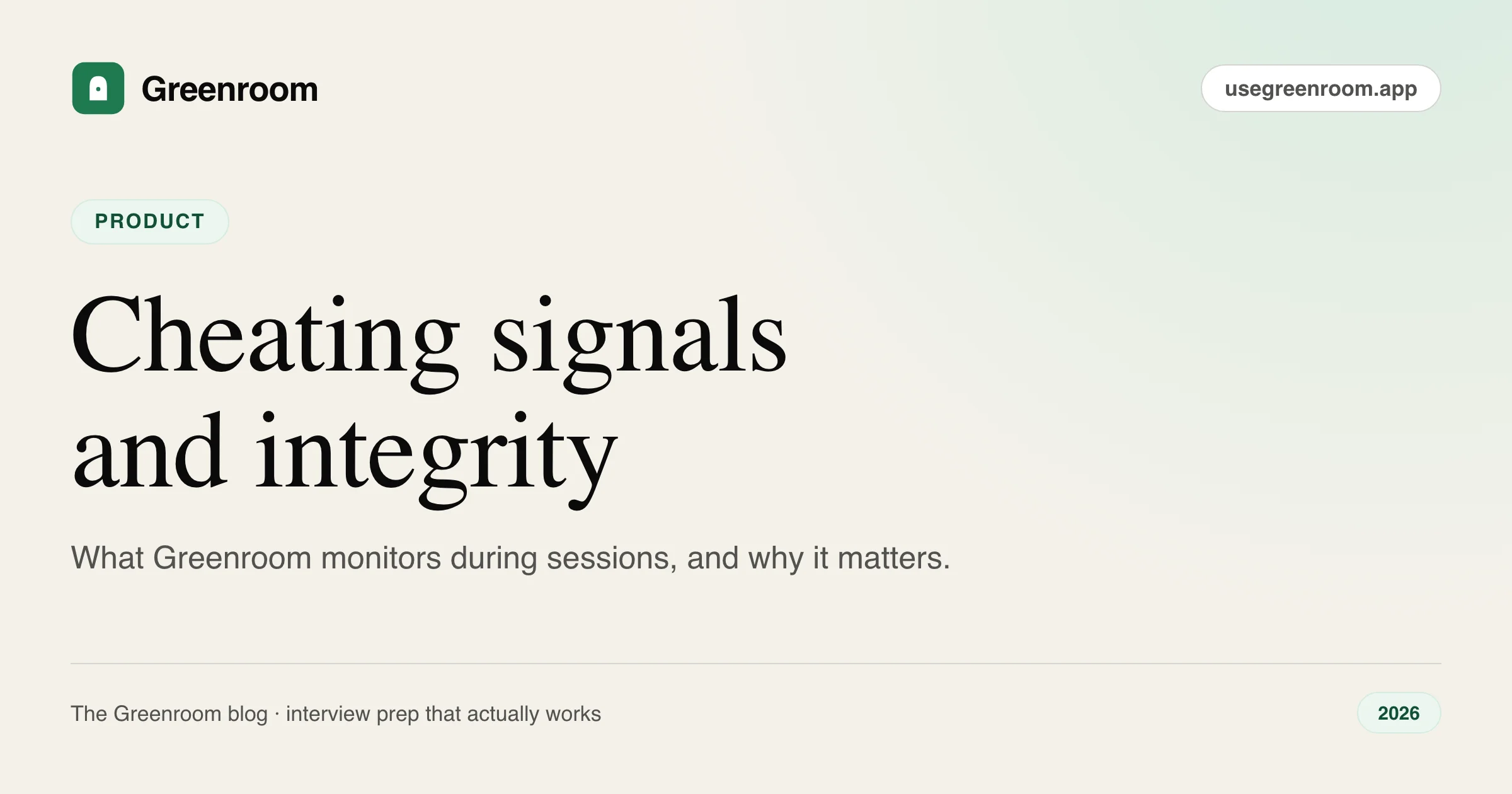 Cheating signals: what we monitor and why it matters — cover illustration from Greenroom, the AI mock interviewer