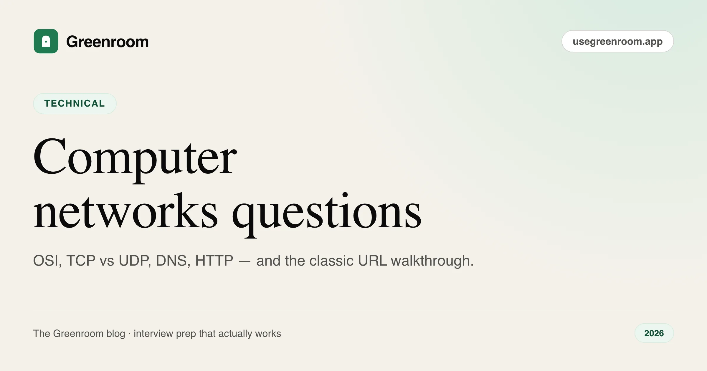 Computer networks interview questions and answers — cover from Greenroom, the AI mock interviewer