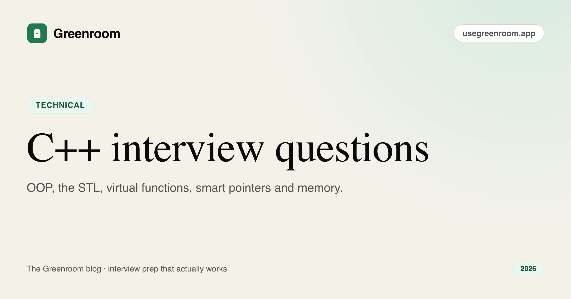 C++ interview questions and answers — cover from Greenroom, the AI mock interviewer