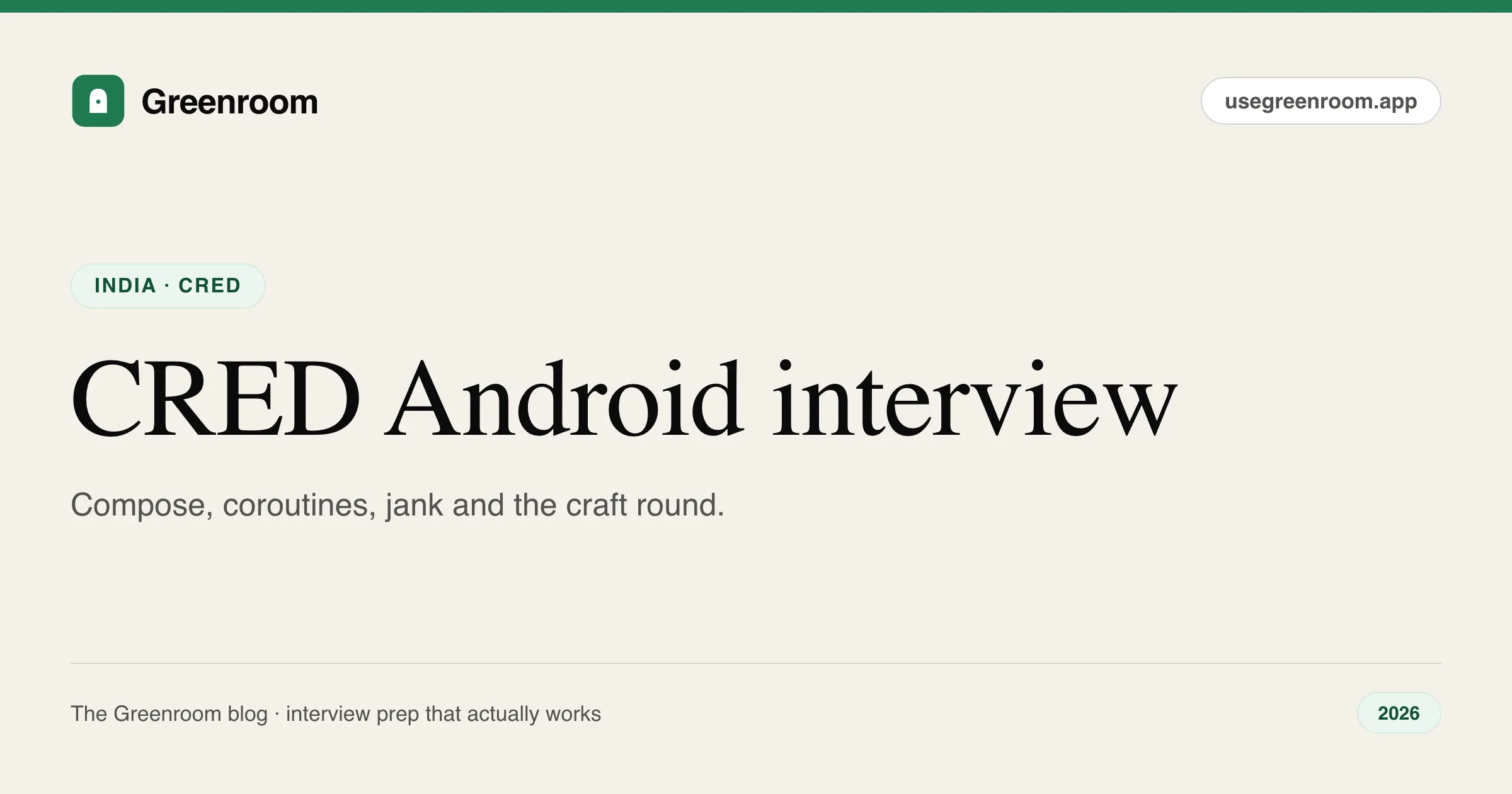 CRED Android engineer interview questions guide — cover from Greenroom, the AI mock interviewer