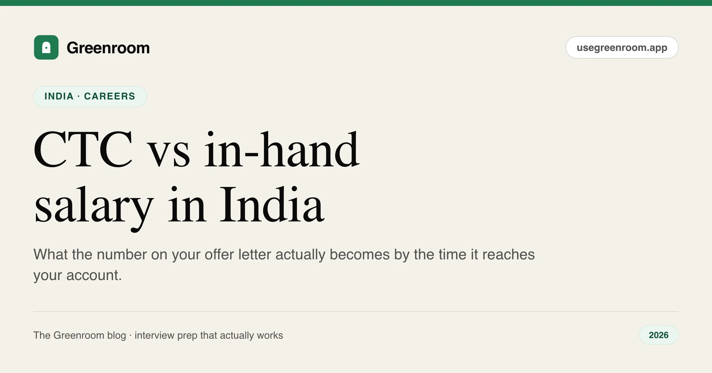 CTC vs in-hand salary in India — breakdown guide cover from Greenroom, the AI mock interviewer
