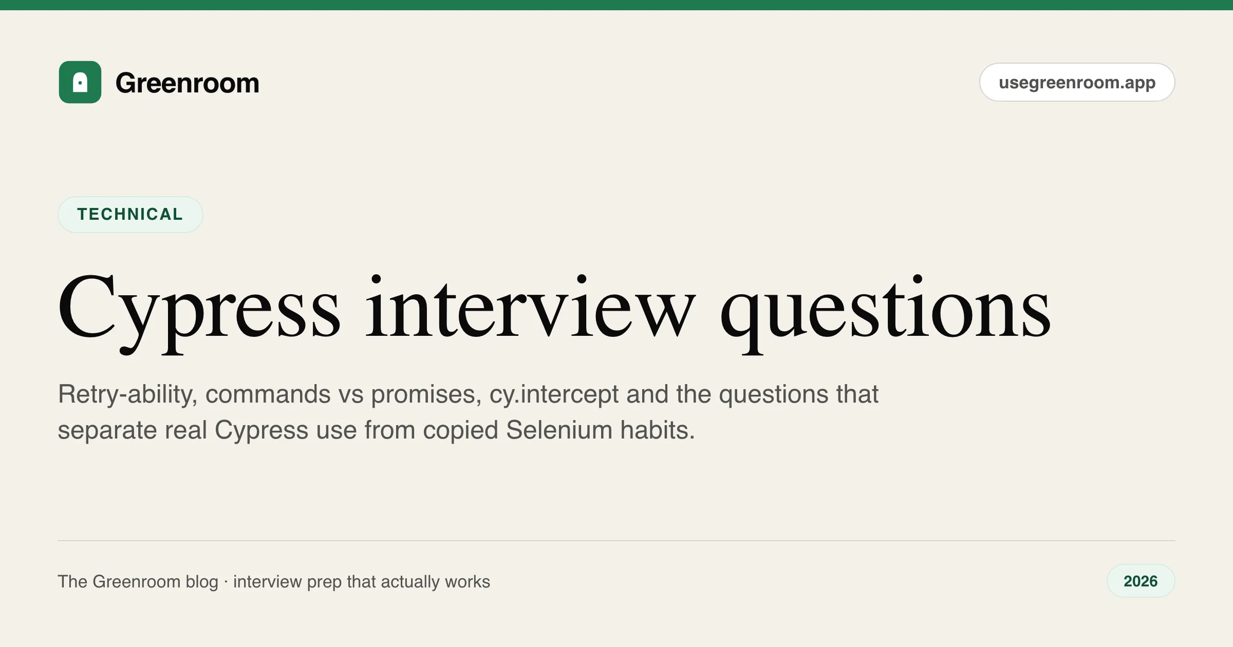 Cypress interview questions and answers — cover from Greenroom, the AI mock interviewer