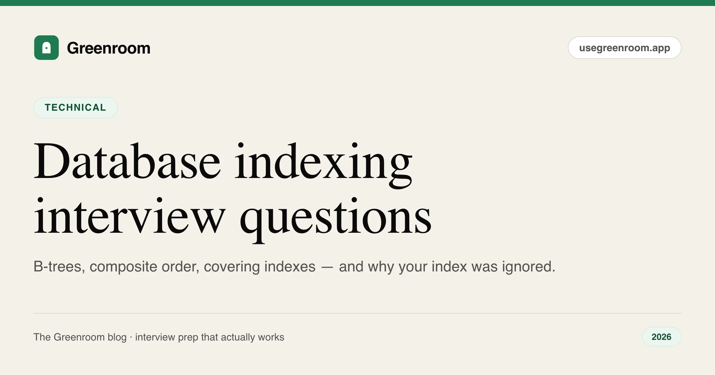 Database indexing interview questions and answers — guide cover from Greenroom, the AI mock interviewer