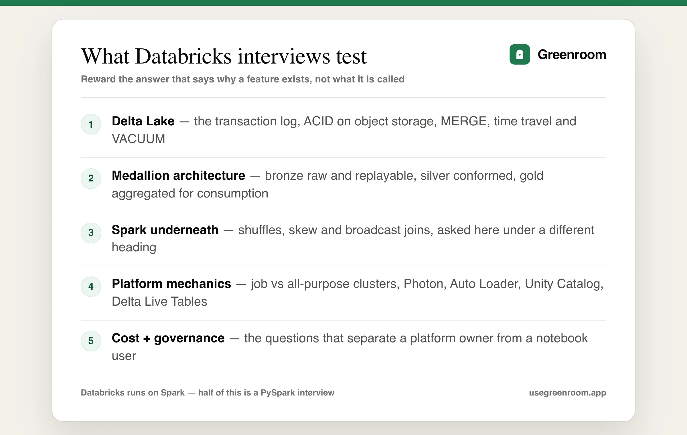 Databricks interview question topics diagram — Delta Lake, medallion architecture, Spark performance, platform mechanics, cost and governance