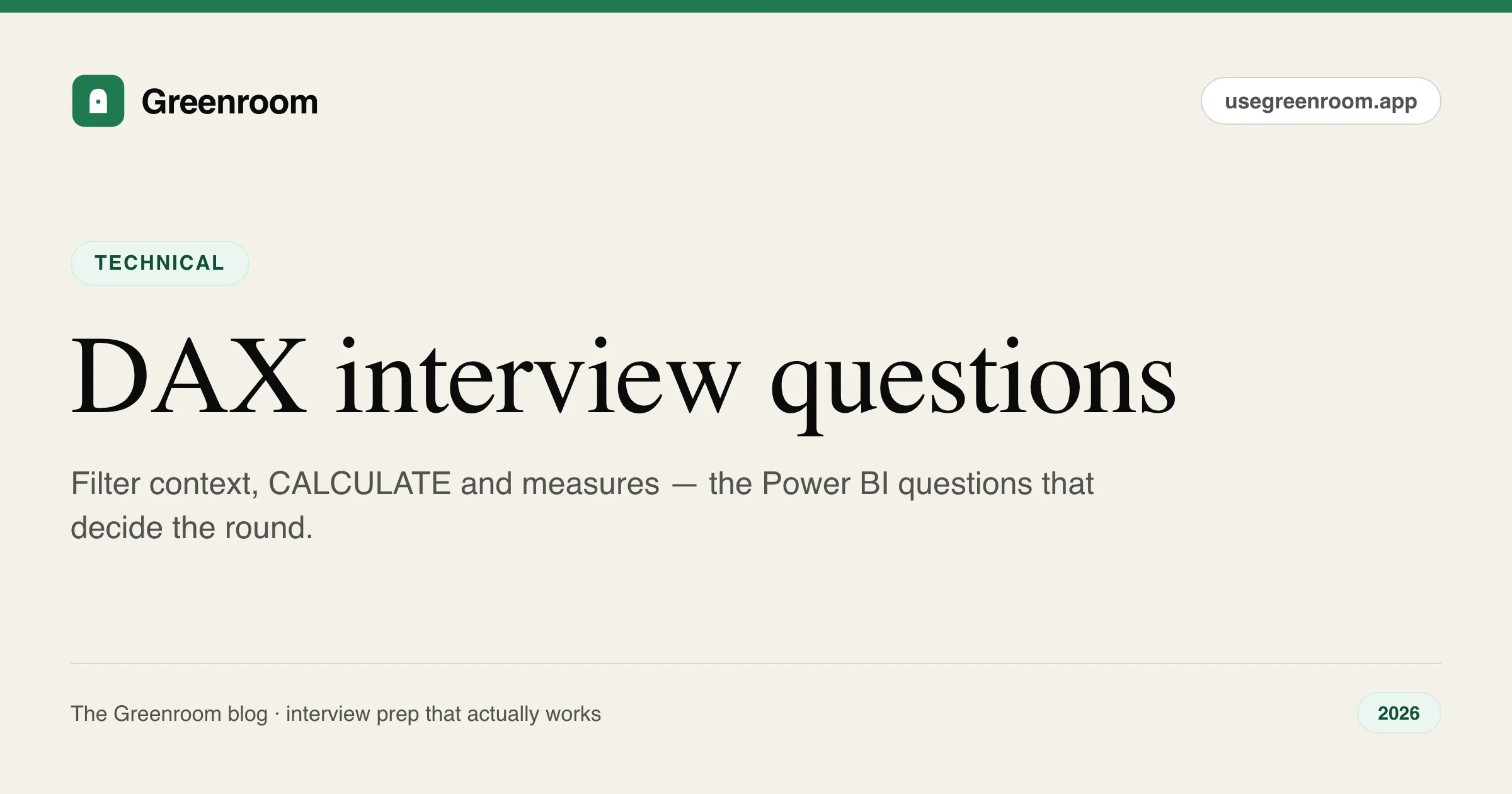 DAX interview questions and answers for Power BI roles — cover from Greenroom, the AI mock interviewer