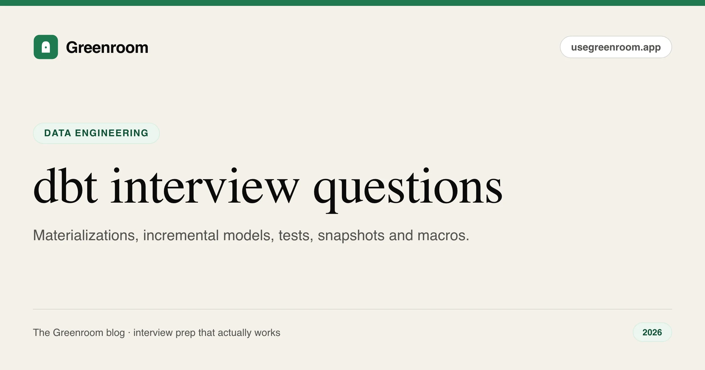 dbt interview questions and answers guide — cover from Greenroom, the AI mock interviewer