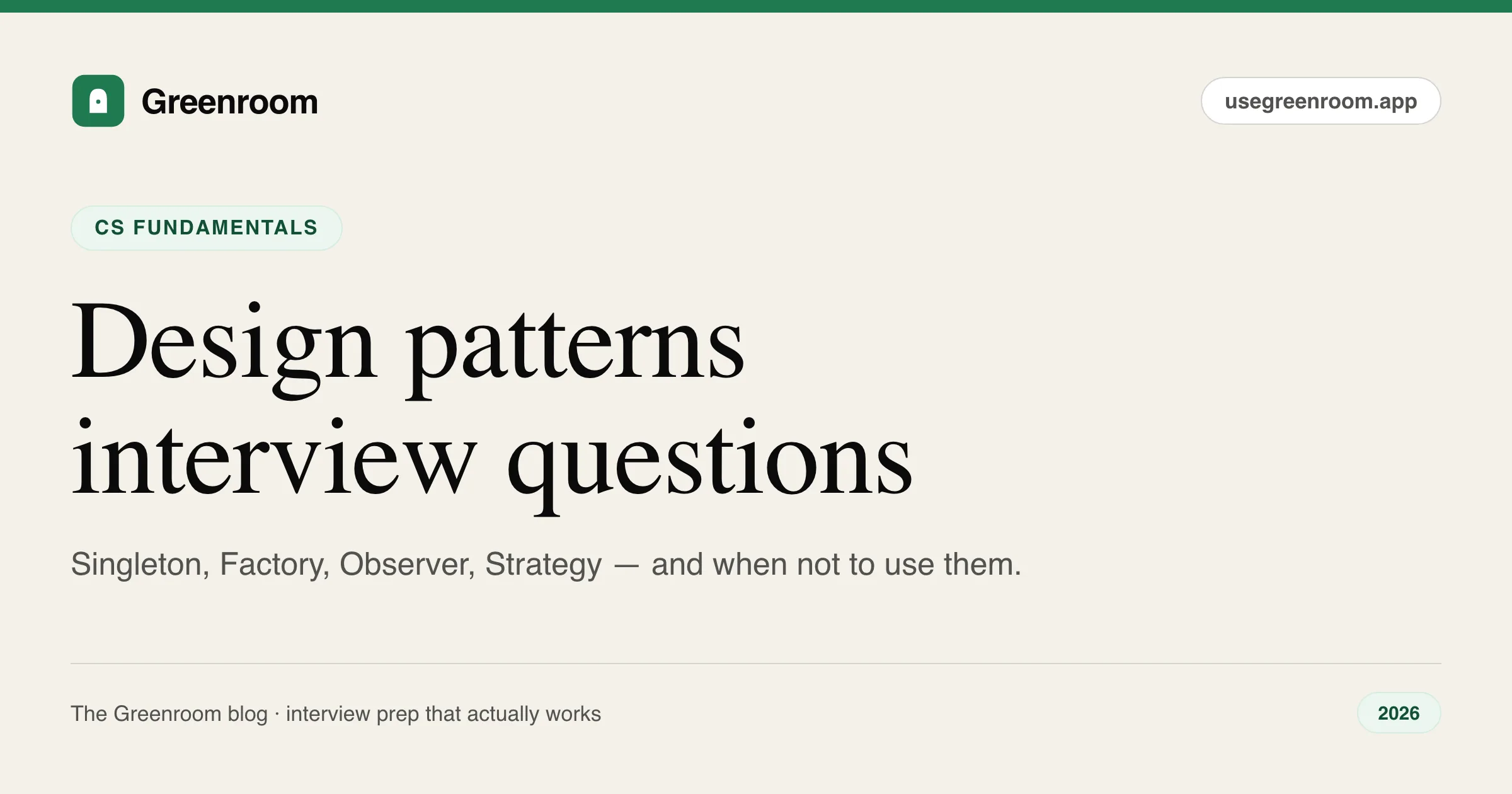 Design patterns interview questions and answers — cover from Greenroom, the AI mock interviewer