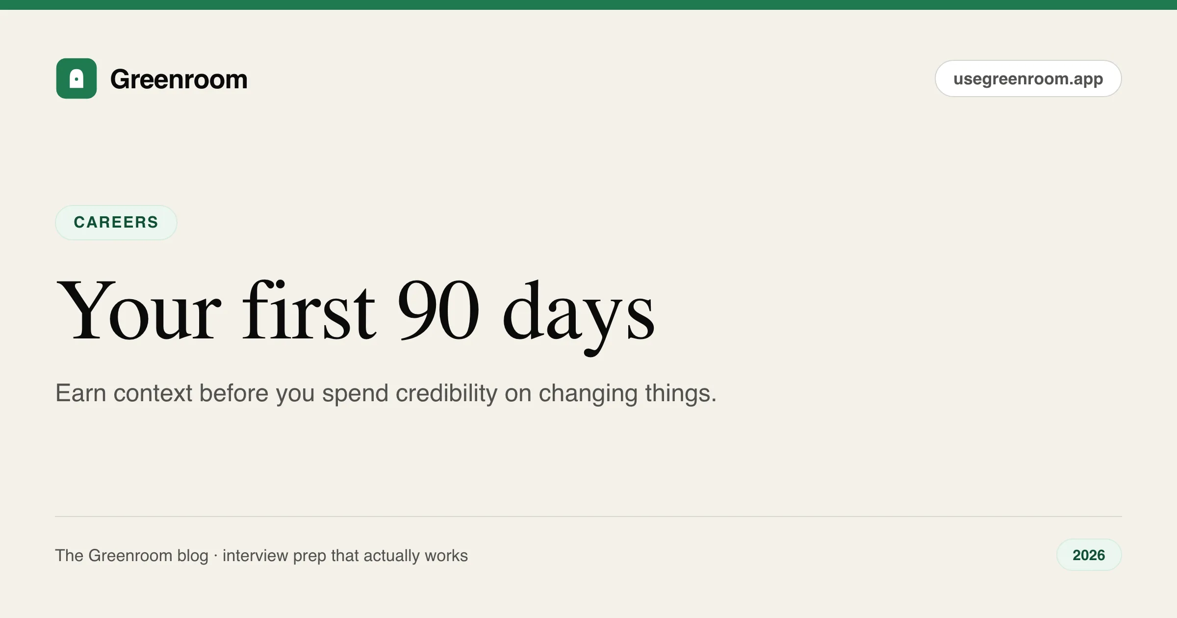 First 90 days in a new engineering job guide — cover from Greenroom, the AI mock interviewer