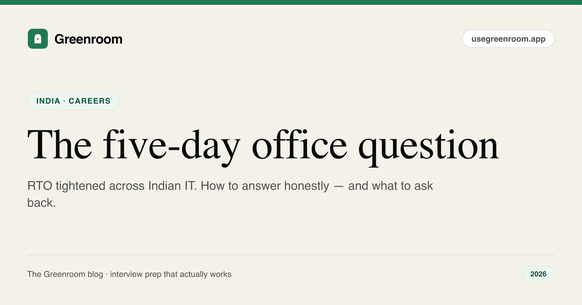 Five day office mandate interview questions India — candidate guide cover from Greenroom, the AI mock interviewer