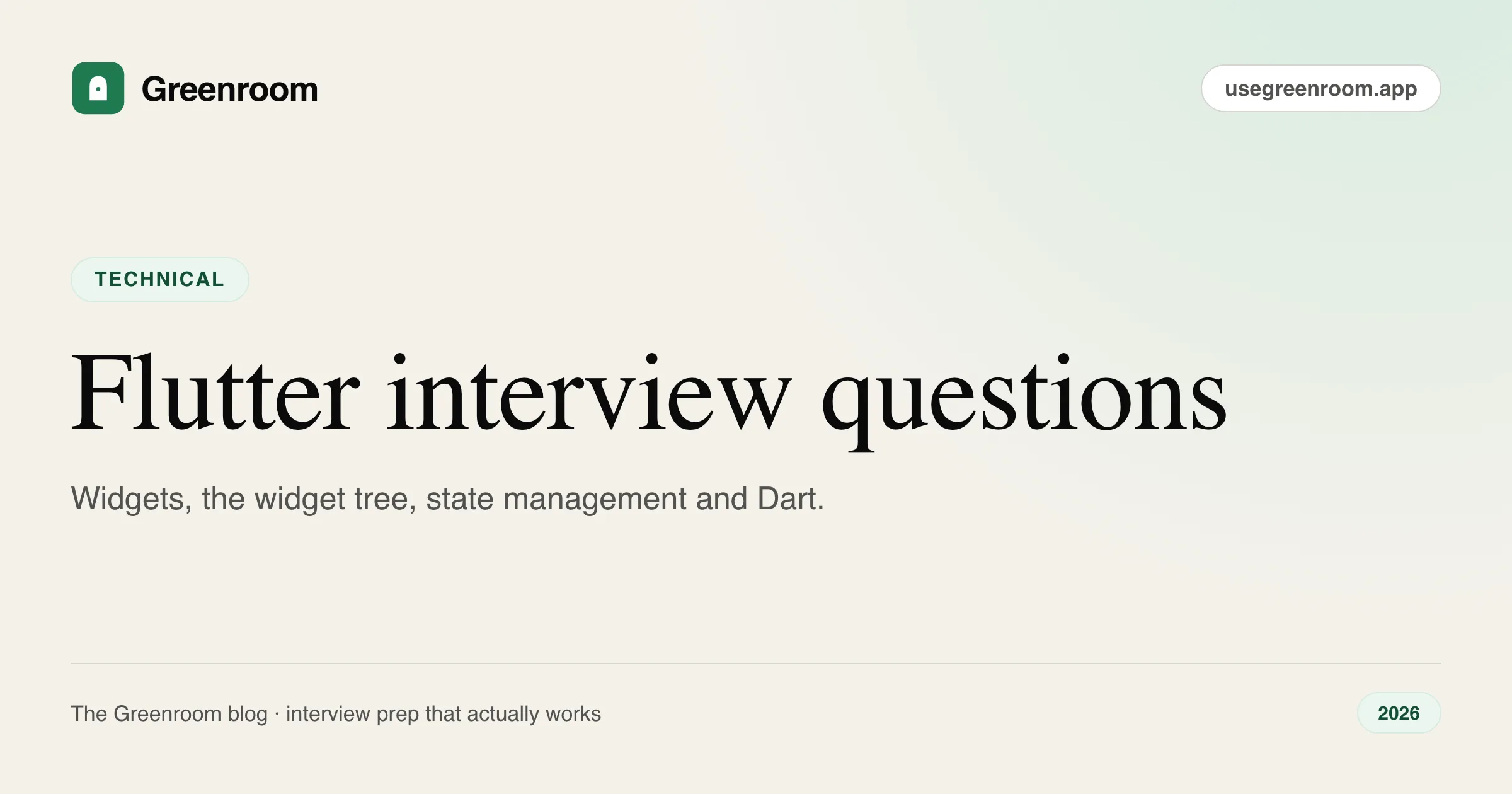 Flutter interview questions and answers — cover from Greenroom, the AI mock interviewer