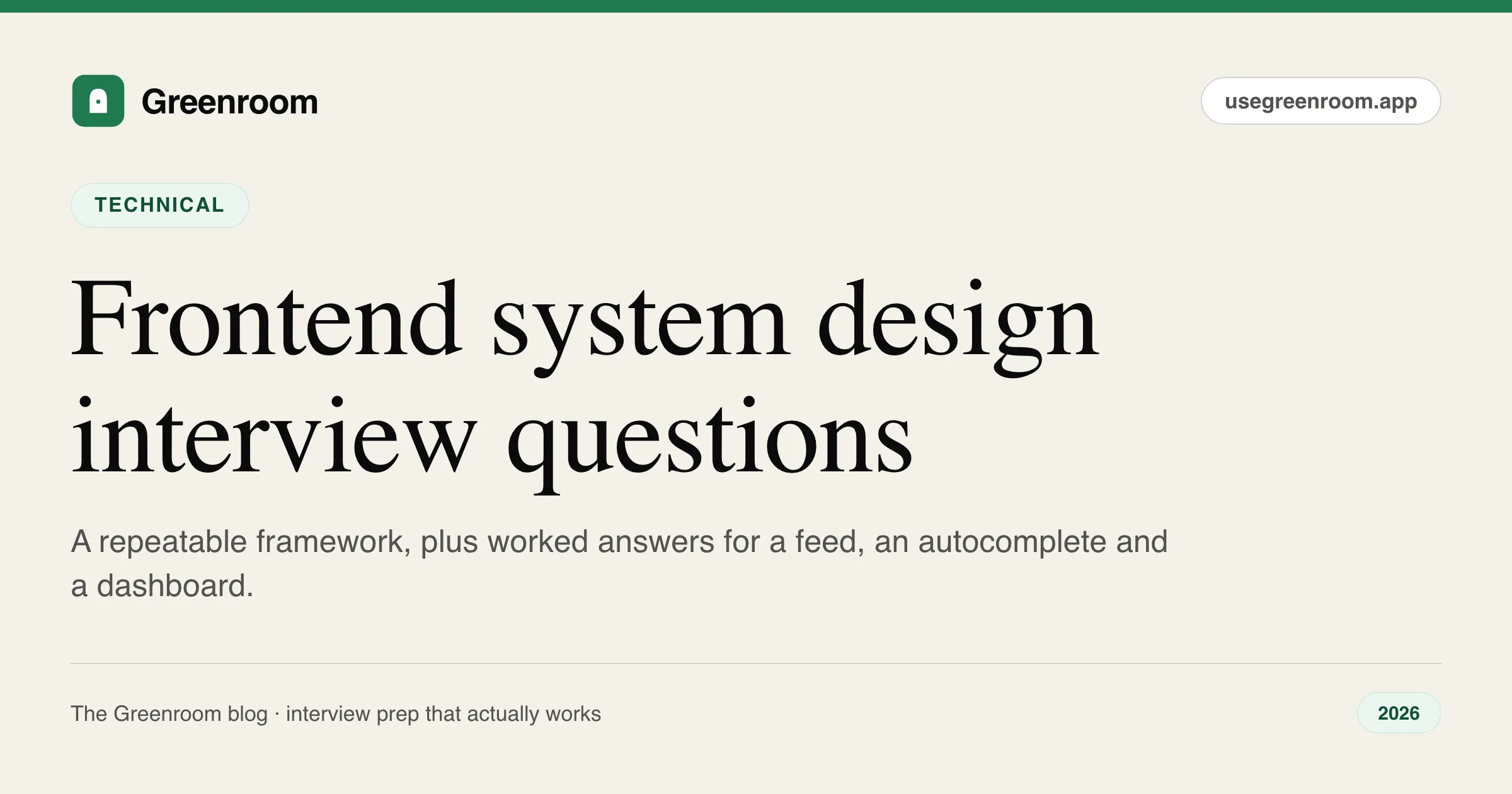 Frontend system design interview questions and answers — guide cover from Greenroom, the AI mock interviewer
