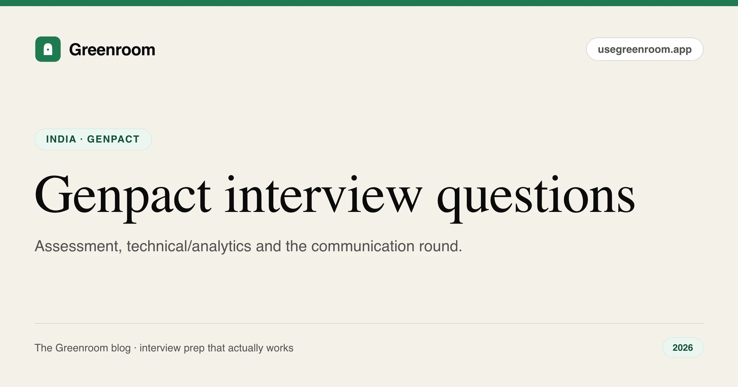 Genpact interview questions and process guide — cover from Greenroom, the AI mock interviewer