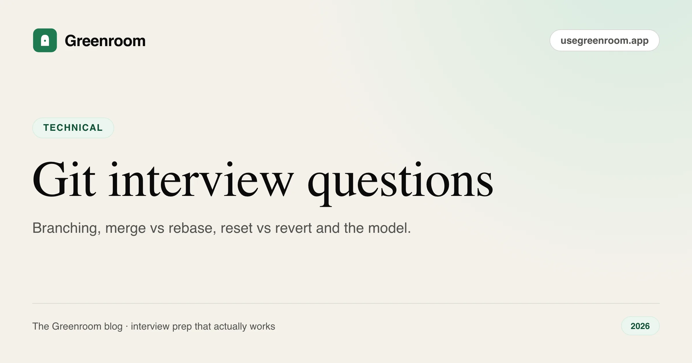 Git interview questions and answers — cover from Greenroom, the AI mock interviewer