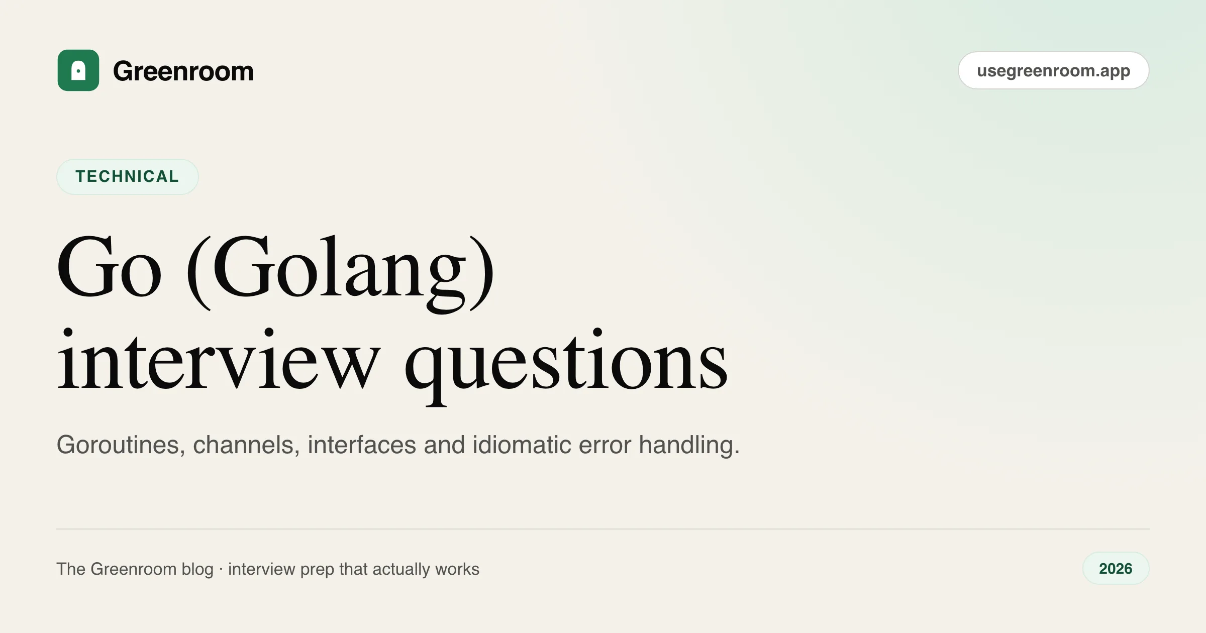 Go Golang interview questions and answers — cover from Greenroom, the AI mock interviewer