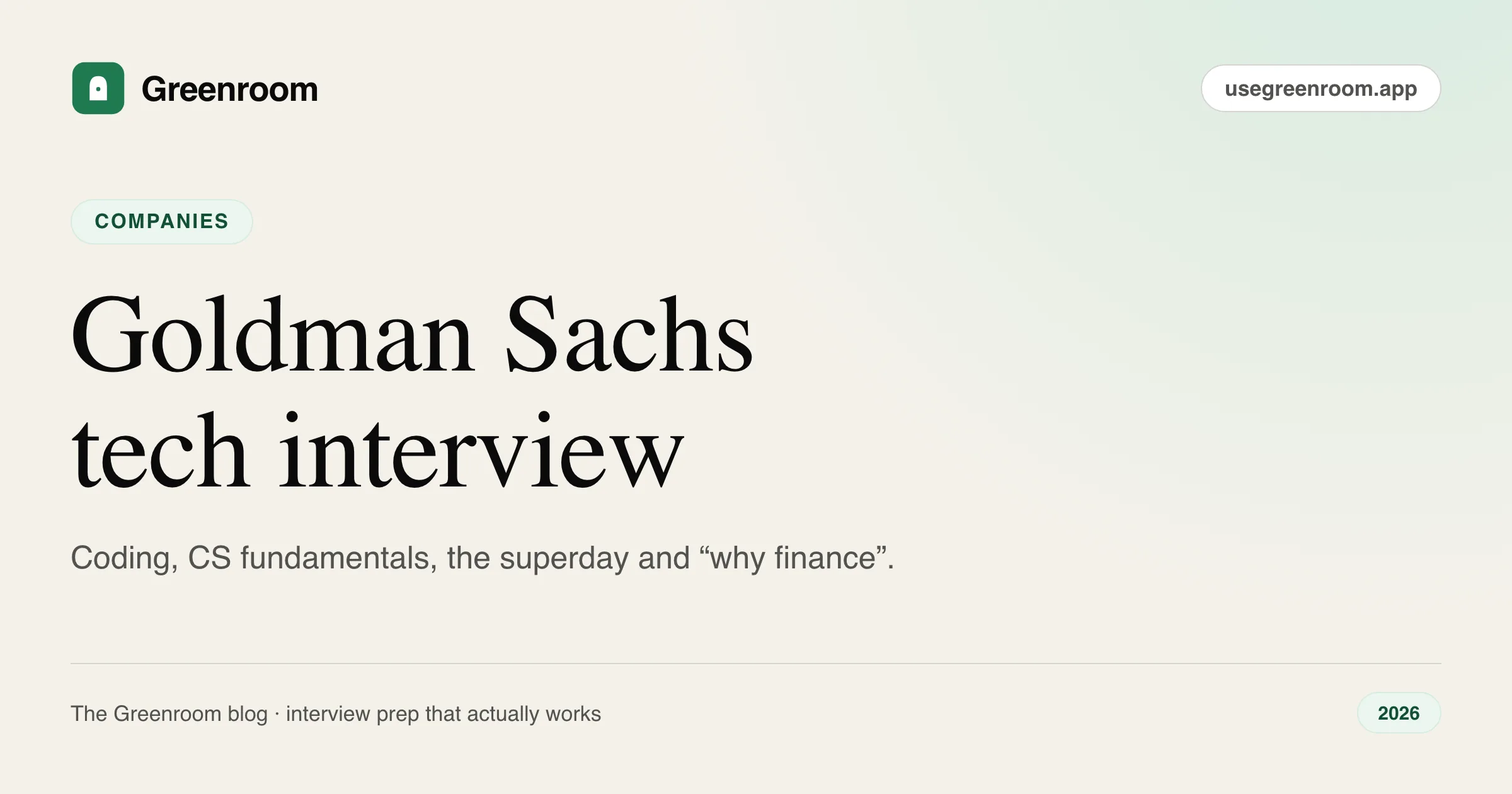 Goldman Sachs technology interview questions guide — cover from Greenroom, the AI mock interviewer