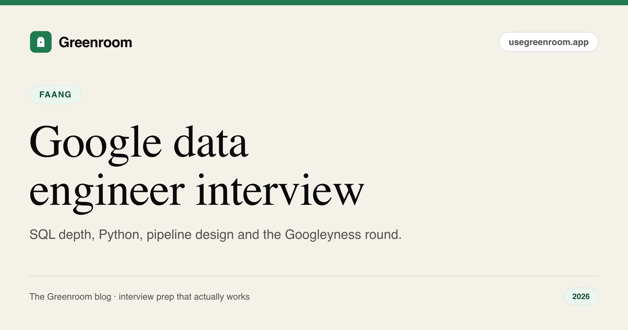 Google data engineer interview questions guide — cover from Greenroom, the AI mock interviewer