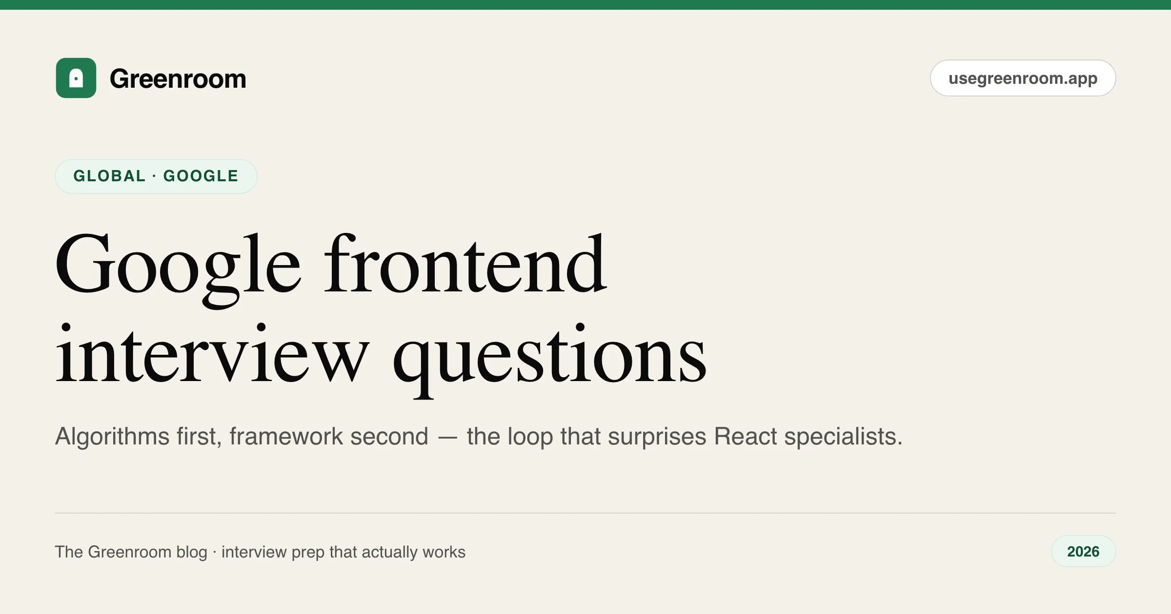 Google frontend interview questions guide — cover from Greenroom, the AI mock interviewer