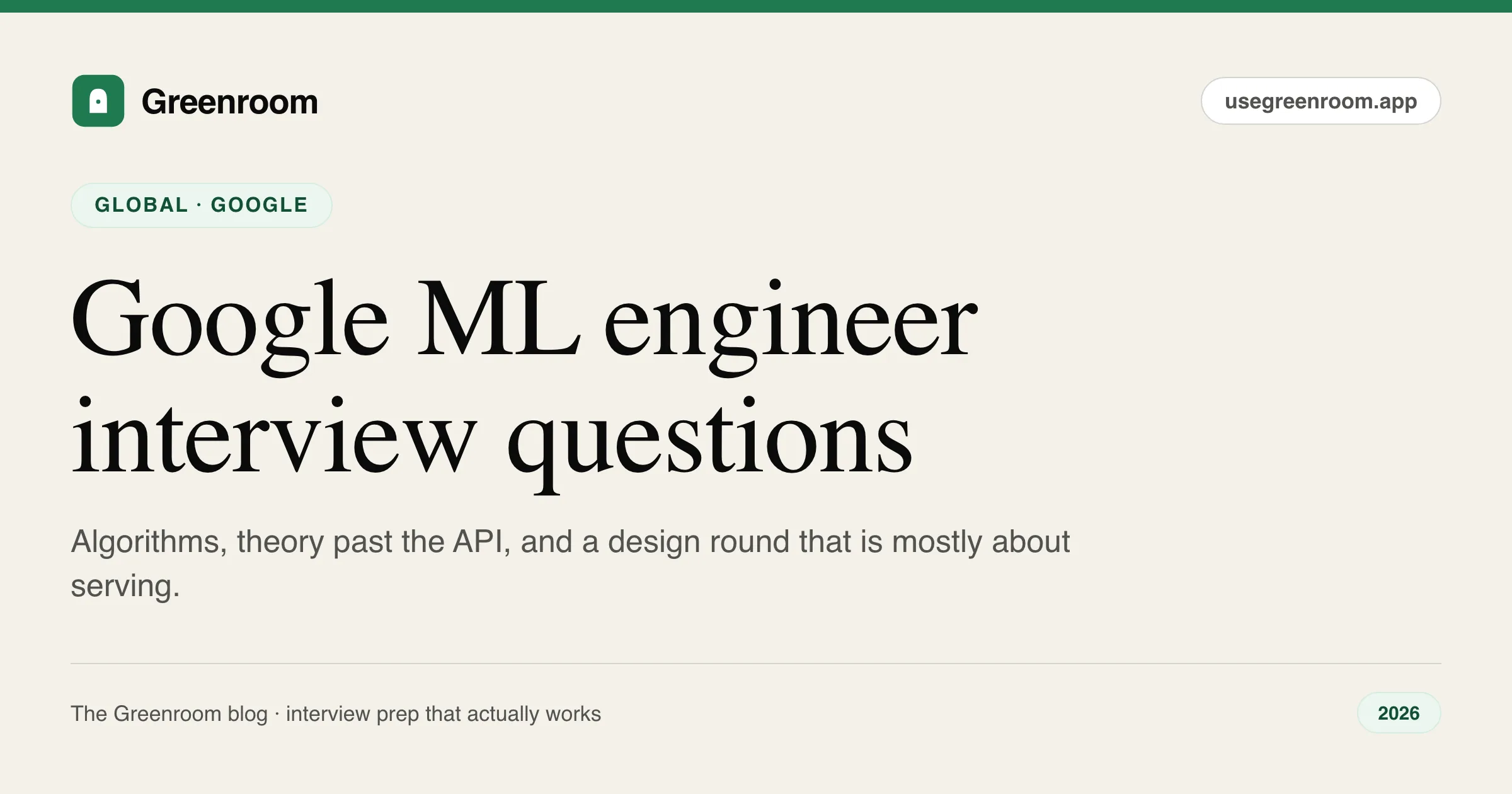 Google ML engineer interview questions guide — cover from Greenroom, the AI mock interviewer