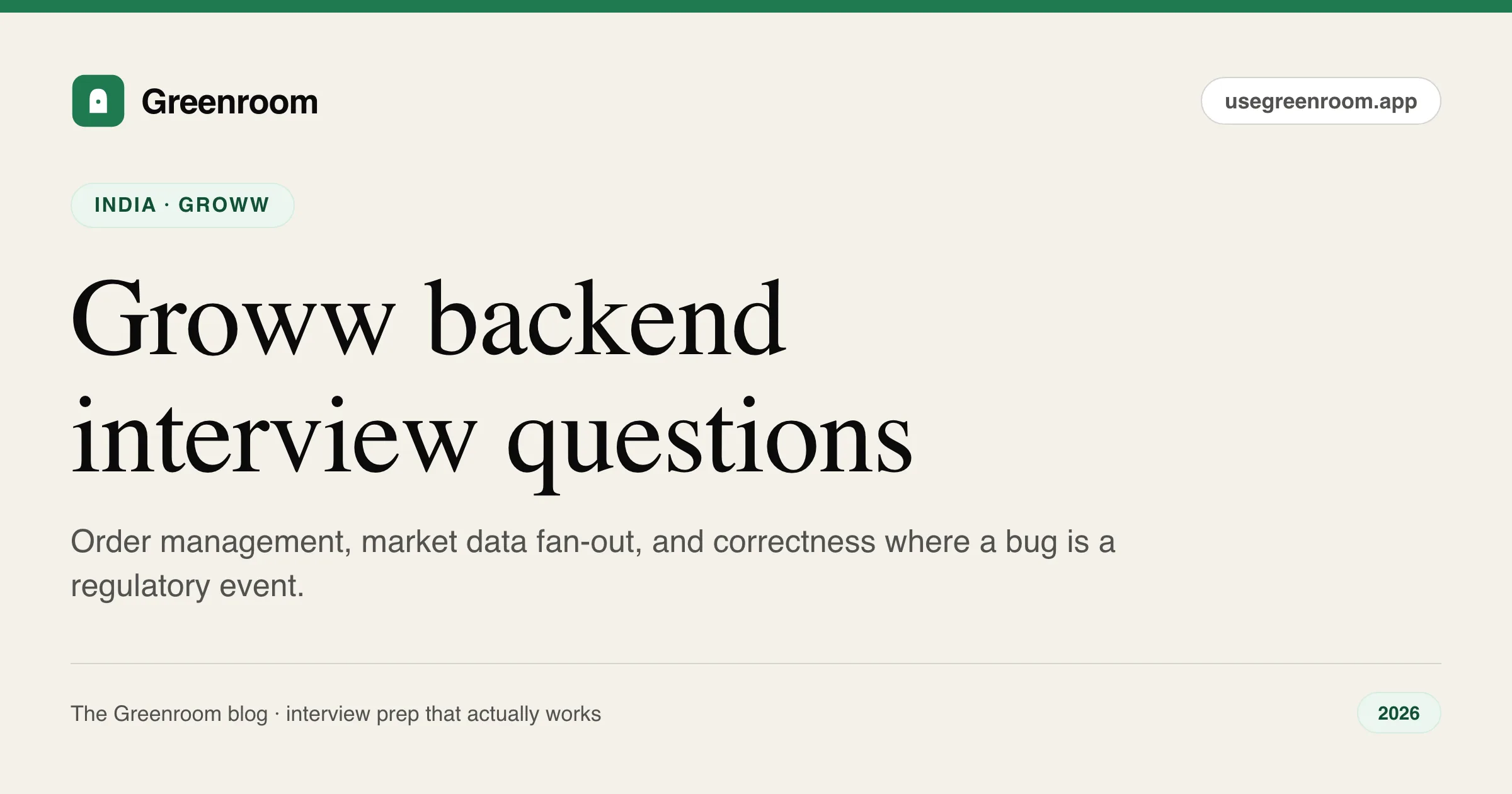 Groww backend interview questions guide — cover from Greenroom, the AI mock interviewer