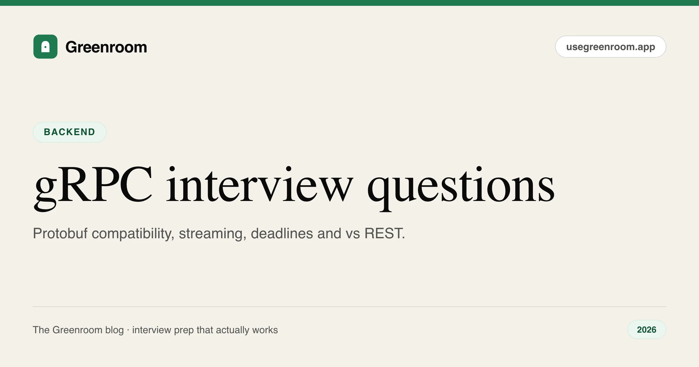 gRPC interview questions and answers guide — cover from Greenroom, the AI mock interviewer
