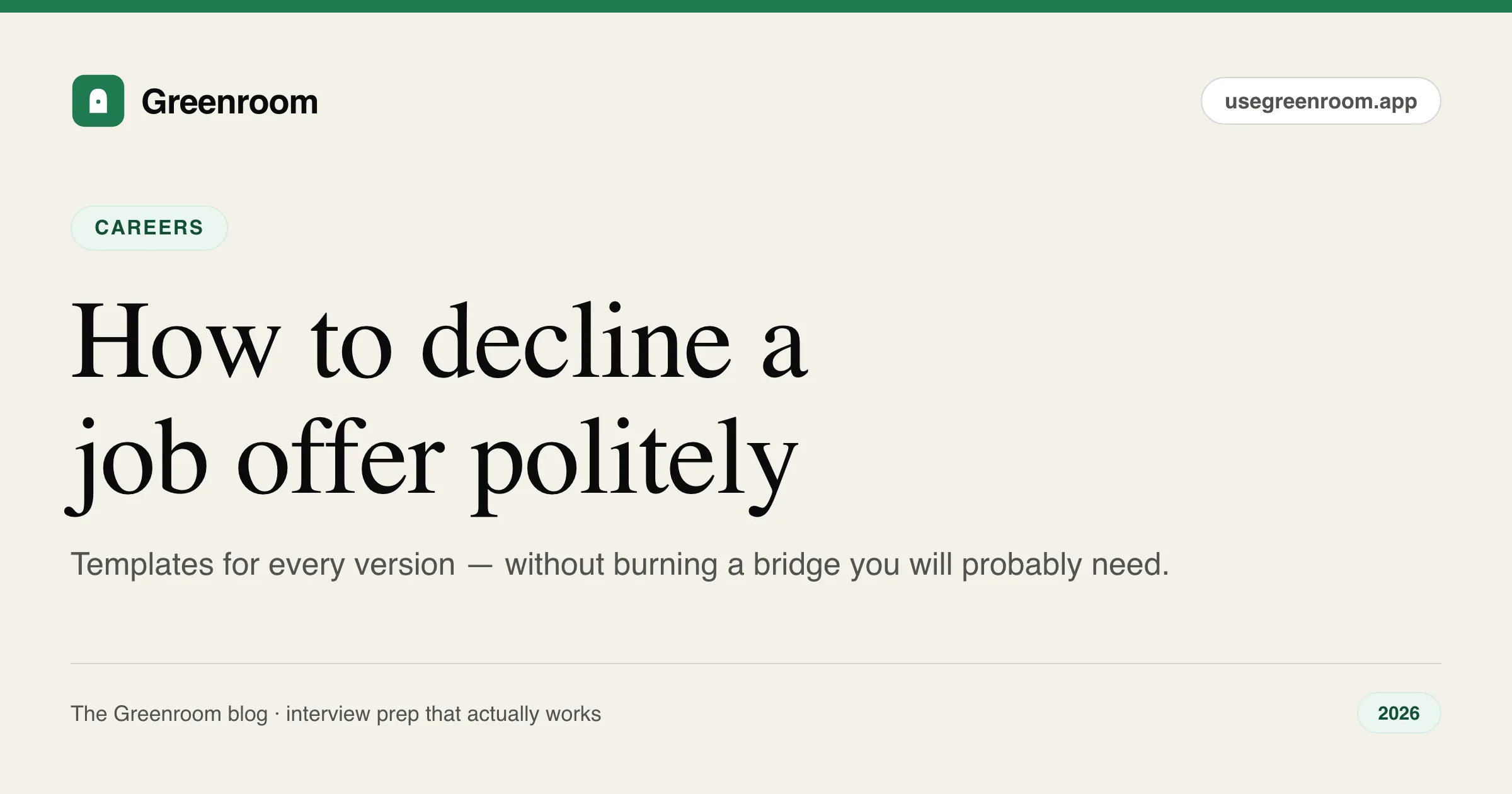 How to decline a job offer politely with templates — guide cover from Greenroom, the AI mock interviewer