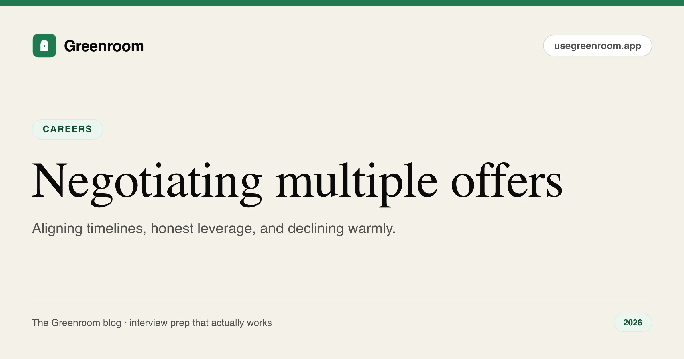 How to negotiate multiple job offers guide — cover from Greenroom, the AI mock interviewer