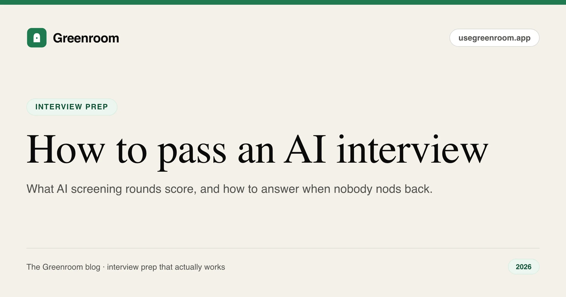 How to pass an AI interview — 2026 candidate guide cover from Greenroom, the AI mock interviewer