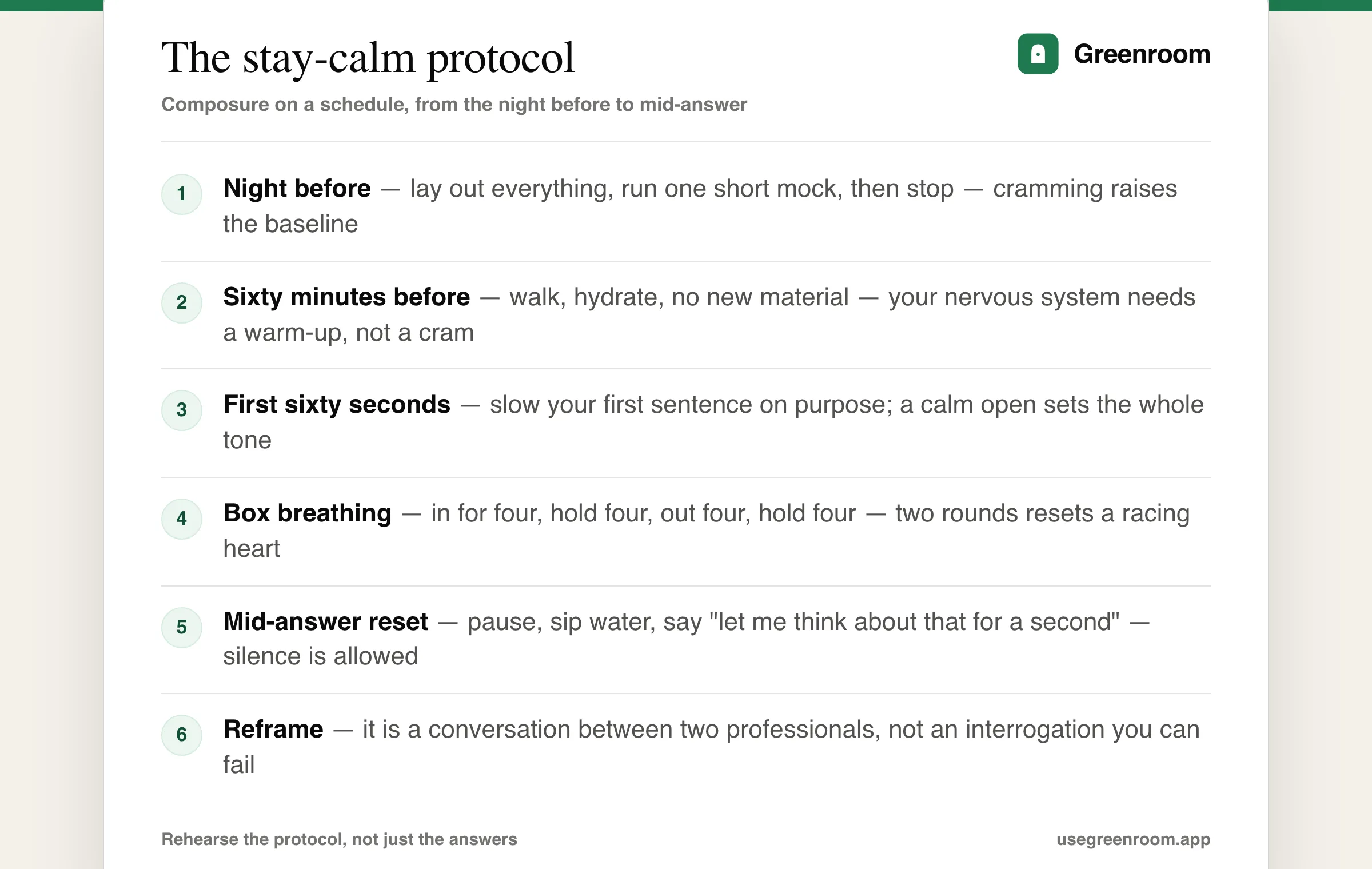 A six-step protocol for staying calm in interviews, from the night before through box breathing to a mid-answer reset