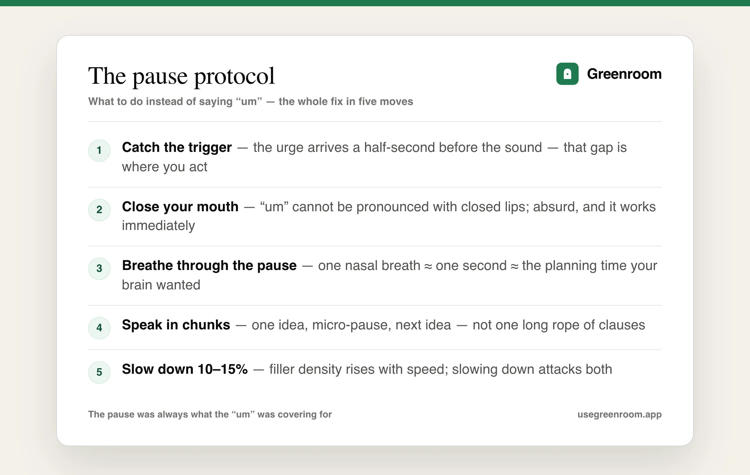 The pause protocol — five steps to replace um with silence in interview answers