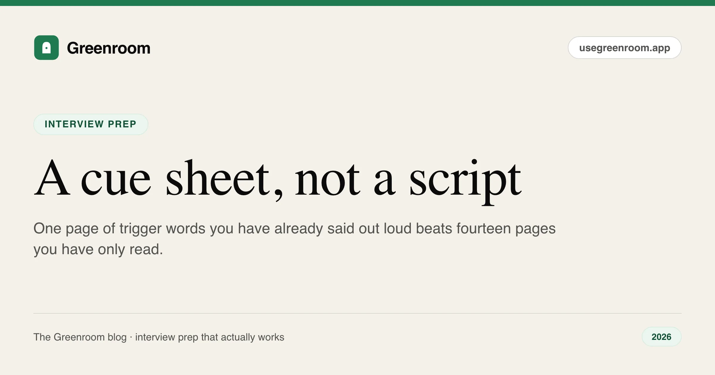 Interview preparation notes — one-page cue sheet guide from Greenroom, the AI mock interviewer