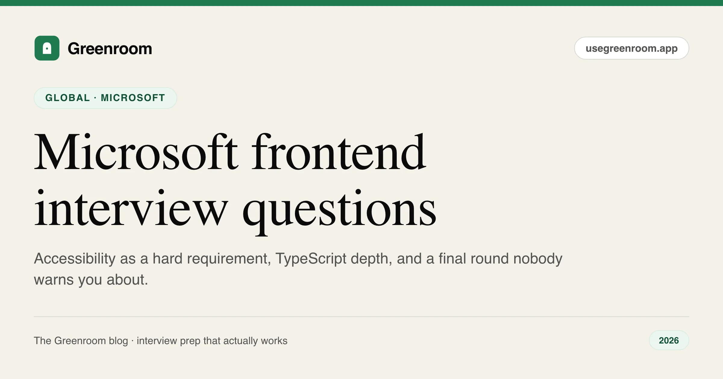 Microsoft frontend interview questions guide — cover from Greenroom, the AI mock interviewer