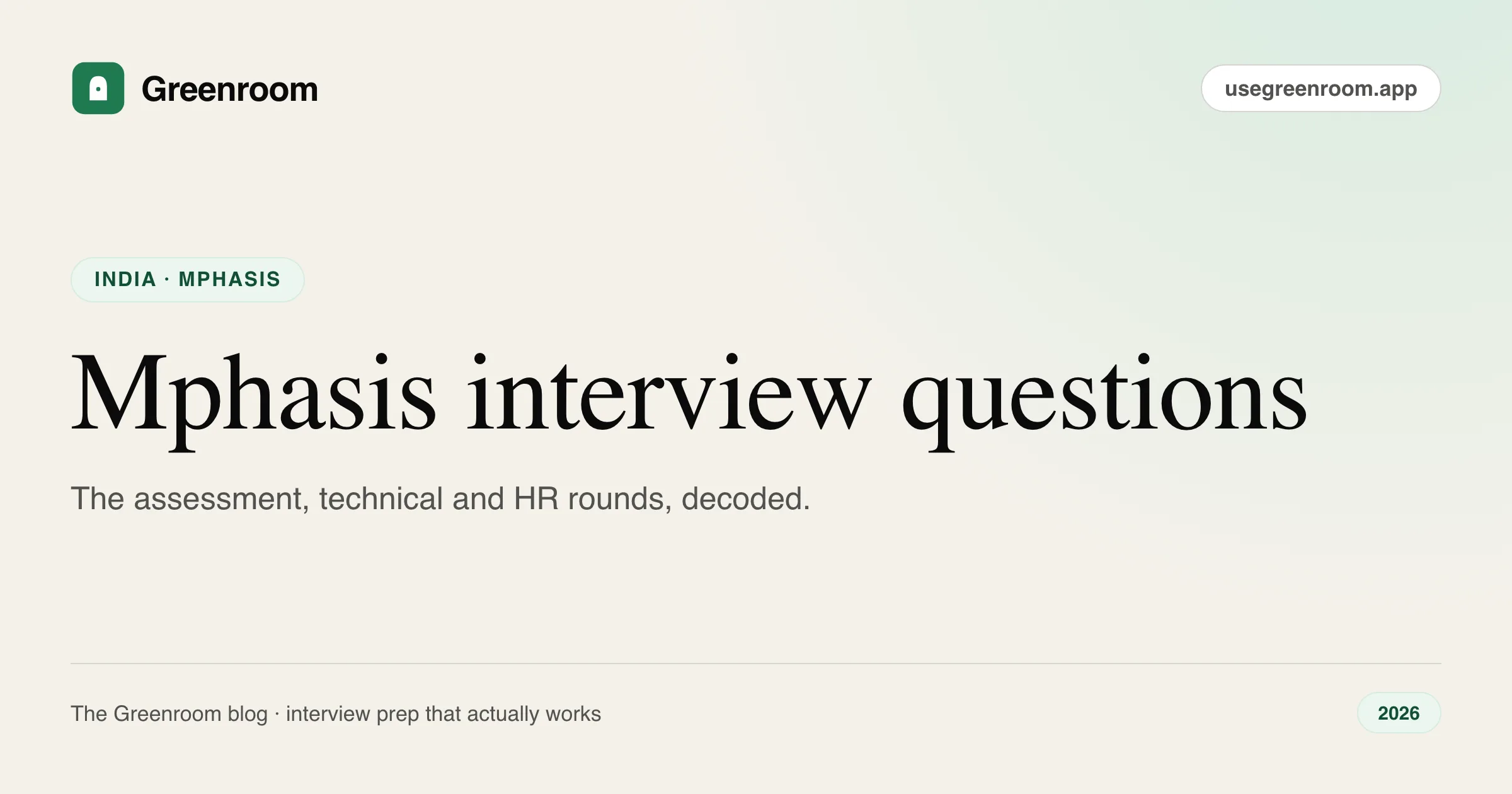 Mphasis interview questions and process guide — cover from Greenroom, the AI mock interviewer