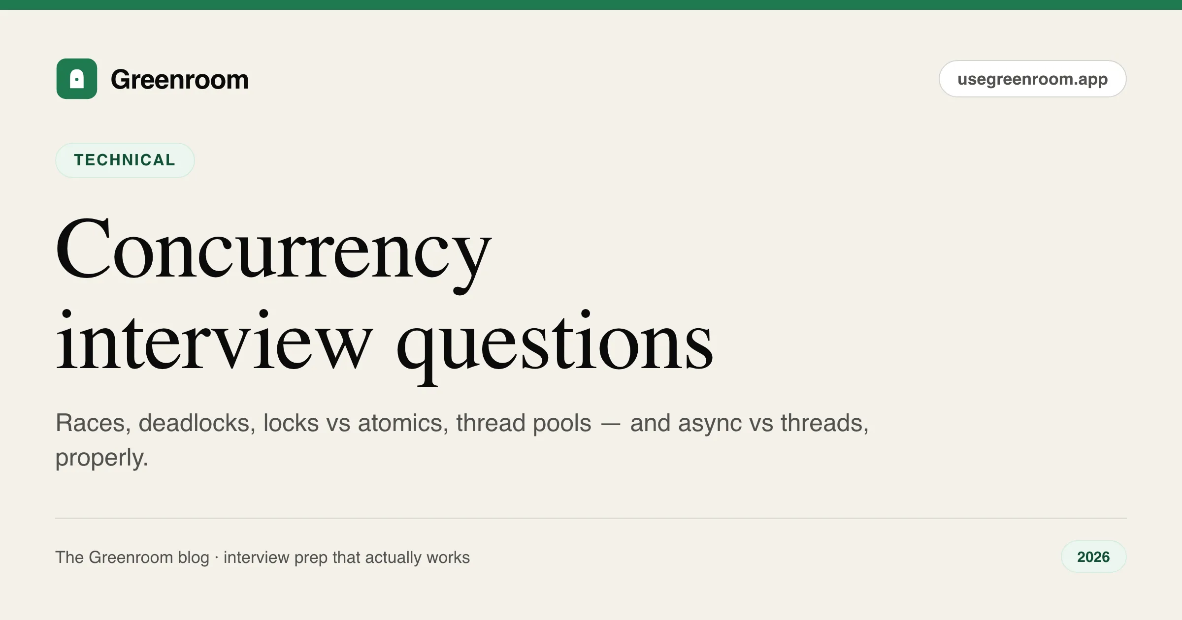 Multithreading and concurrency interview questions and answers — guide cover from Greenroom, the AI mock interviewer