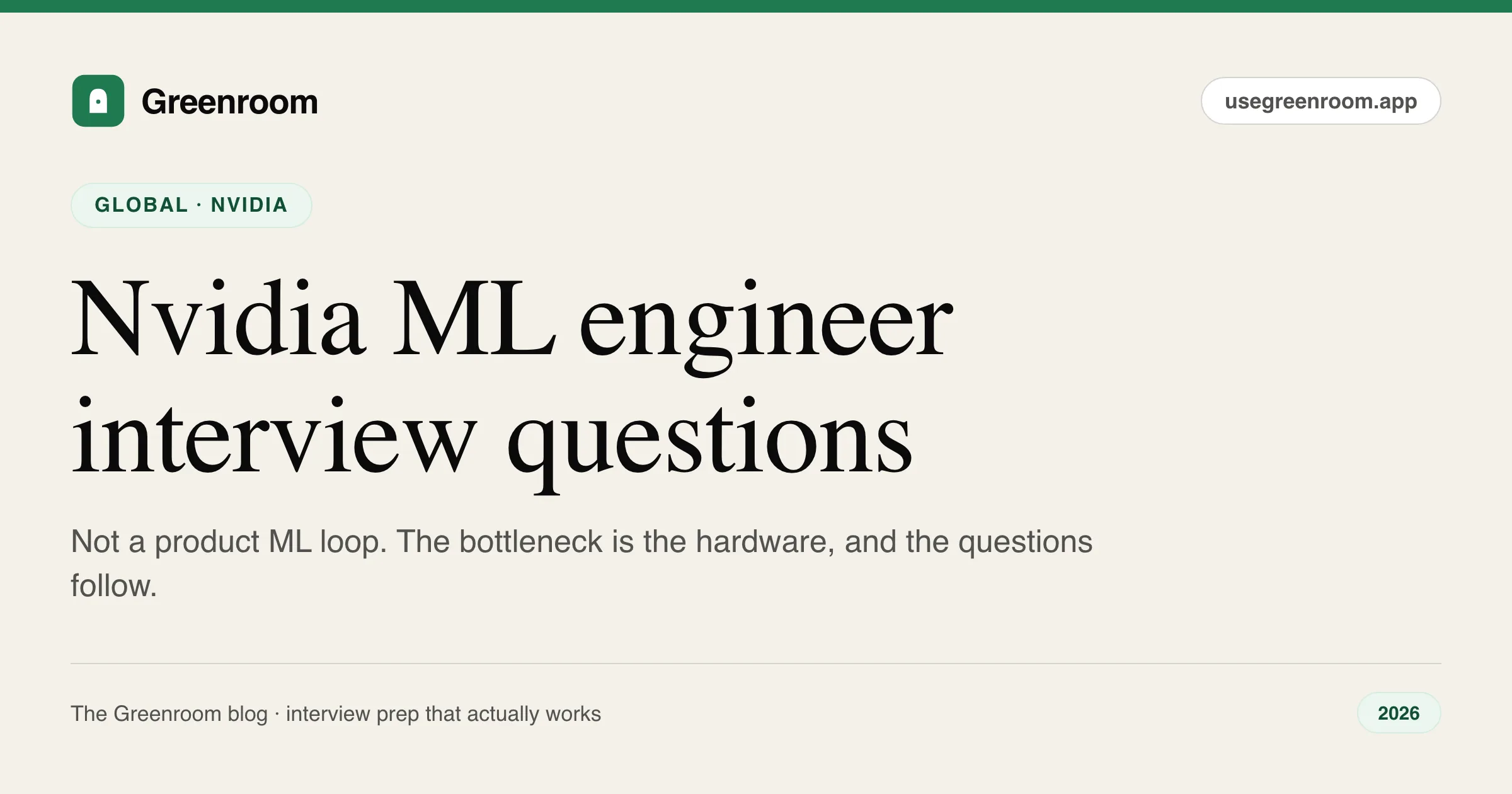 Nvidia ML engineer interview questions guide — cover from Greenroom, the AI mock interviewer