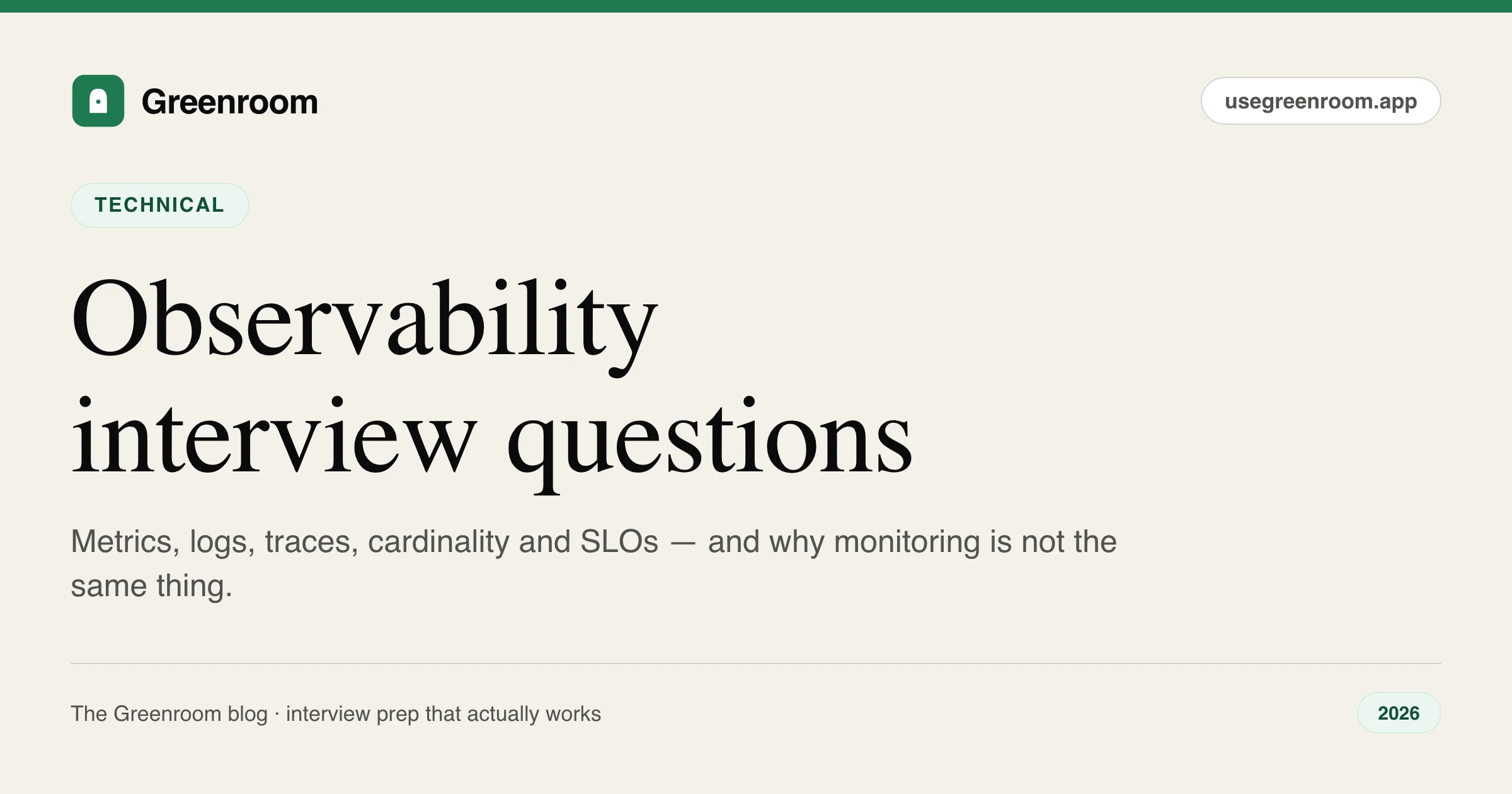 Observability interview questions and answers — guide cover from Greenroom, the AI mock interviewer