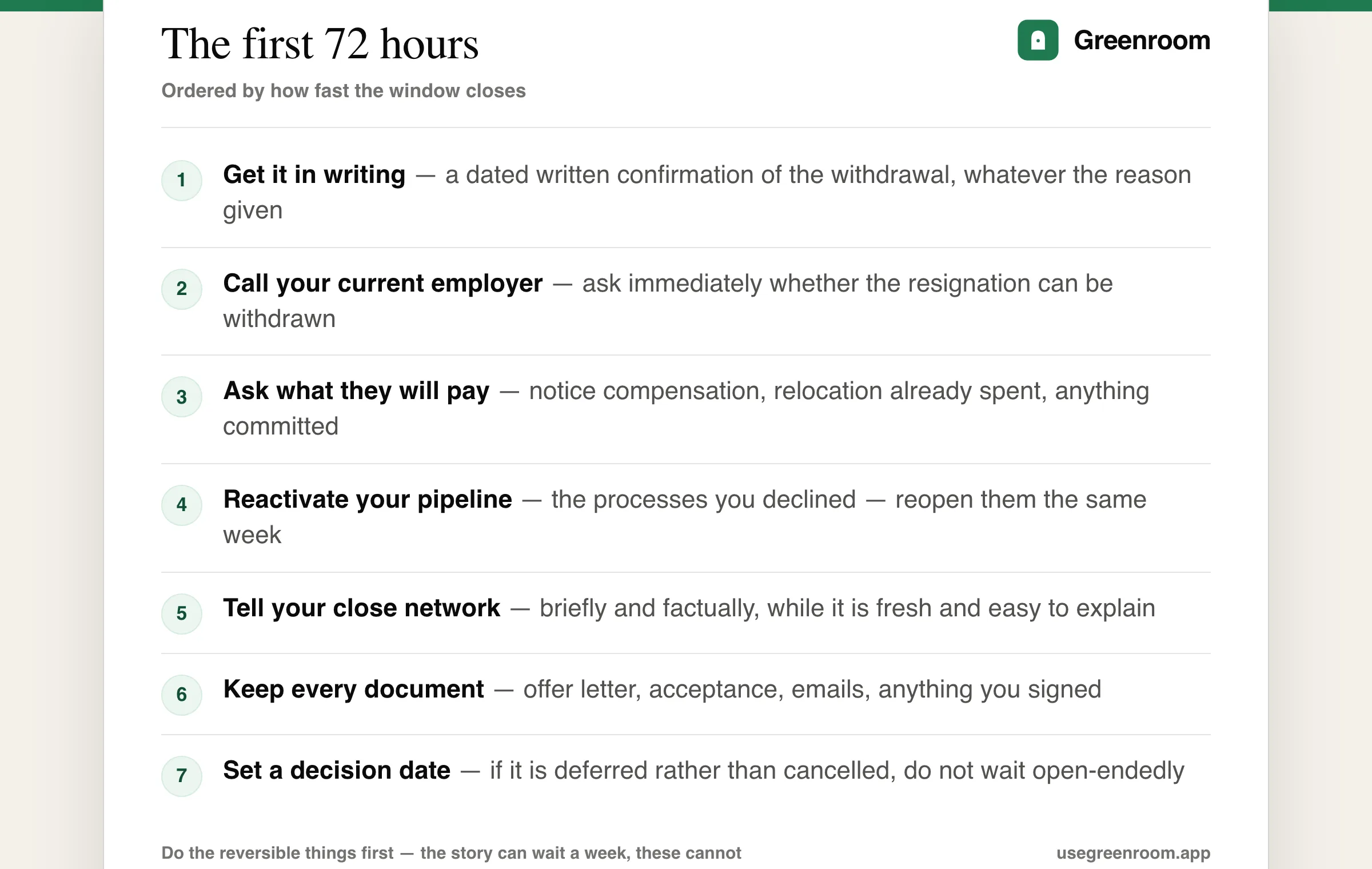 Diagram of the seven moves to make in the first 72 hours after a job offer is withdrawn — get the revocation in writing, ask your current employer whether the resignation can be withdrawn, ask the withdrawing company what they will pay, reactivate the processes you declined, tell your referees and close network factually, keep every document, and set a decision date if the joining is merely deferred