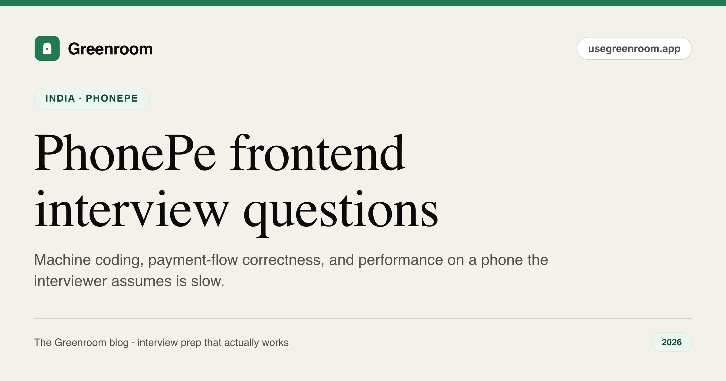PhonePe frontend interview questions guide — cover from Greenroom, the AI mock interviewer