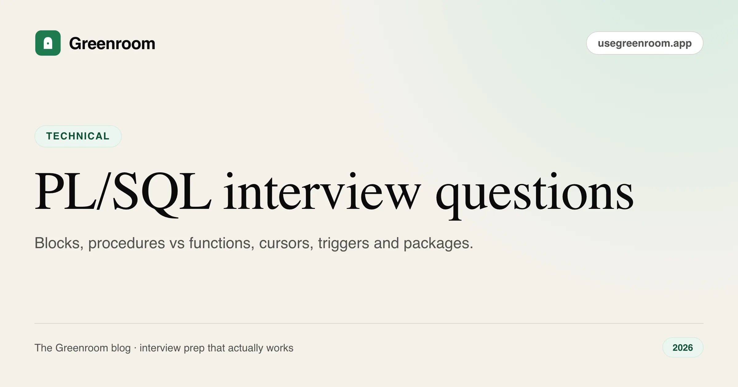 PL/SQL interview questions and answers — cover from Greenroom, the AI mock interviewer