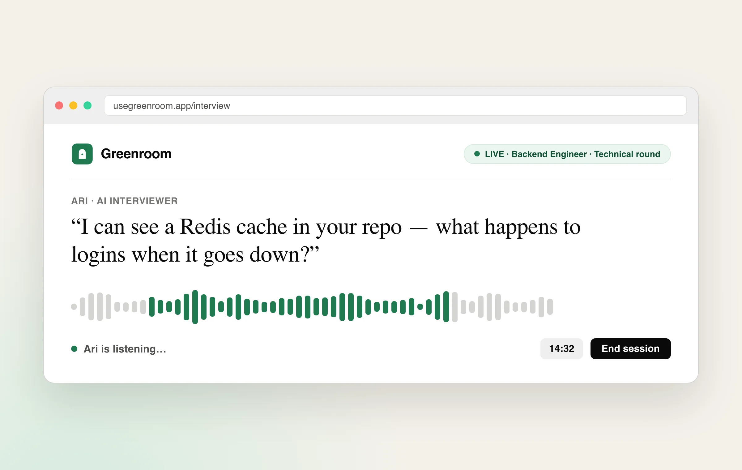 An AI interviewer asking a backend question about a real API repository