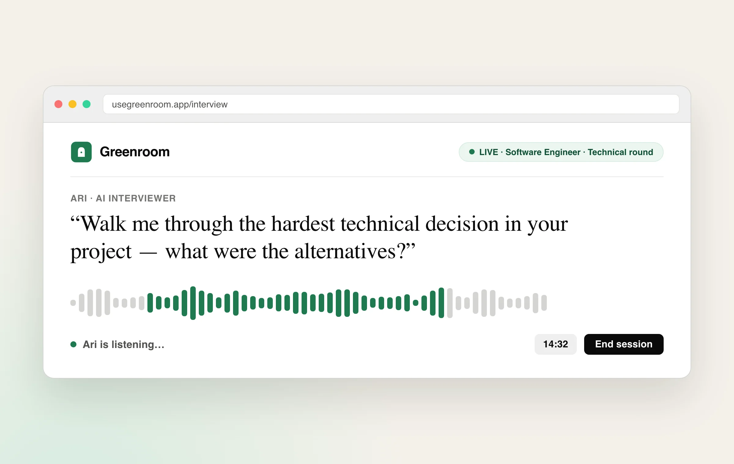 A voice interview session screen — practising the spoken compensation conversation