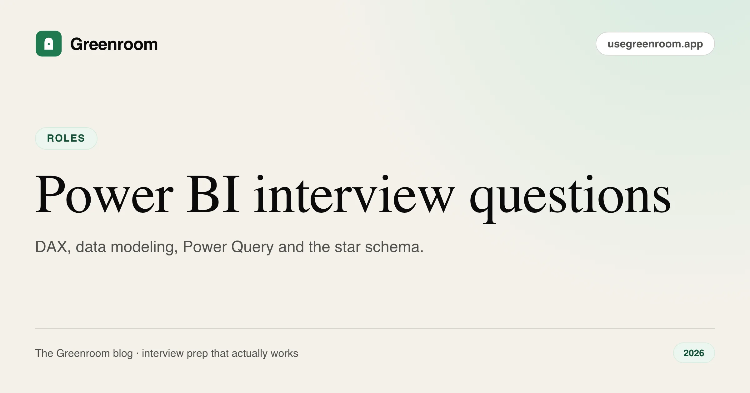 Power BI interview questions and answers — cover from Greenroom, the AI mock interviewer